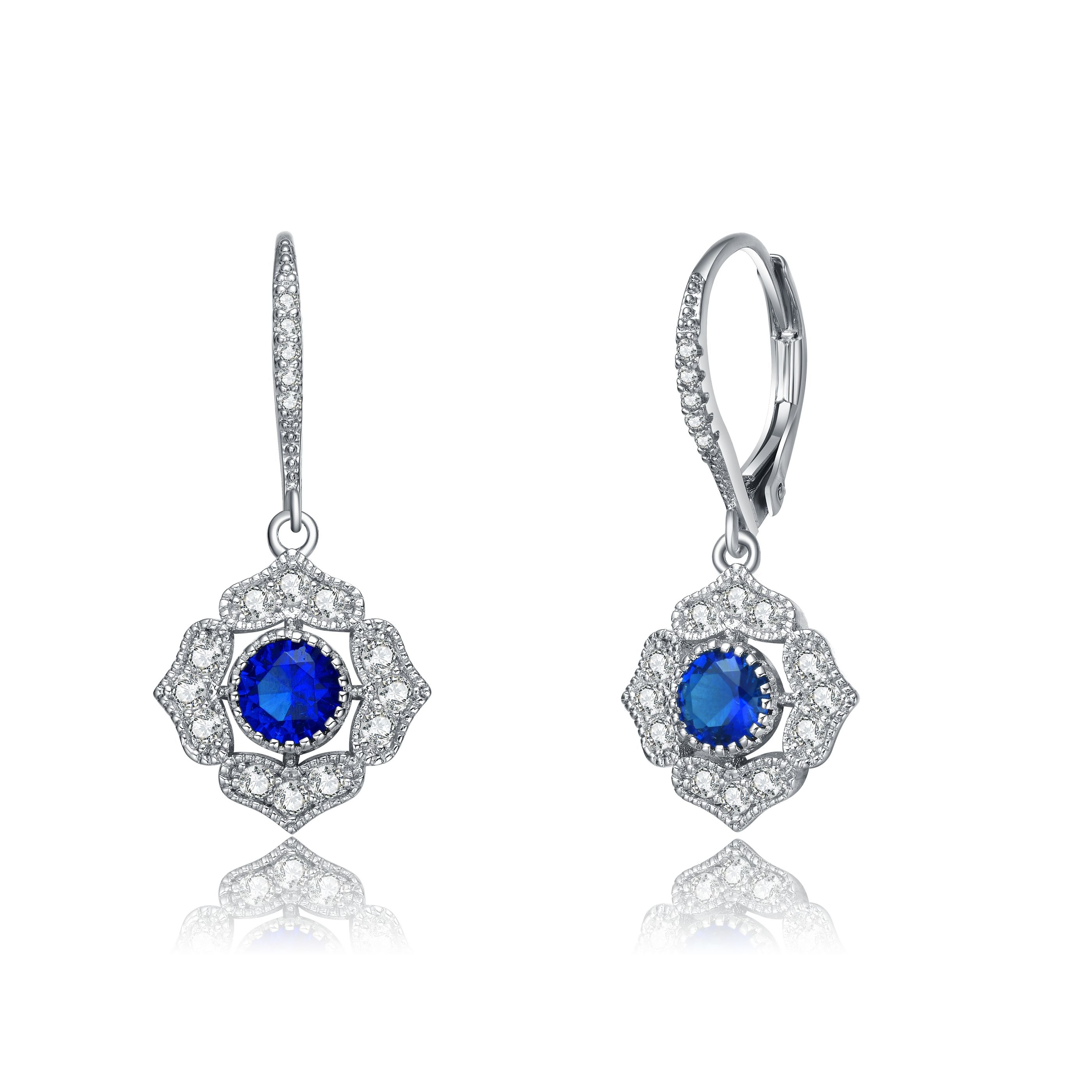 Women’s Blue / White / Silver Sterling Silver Sapphire Cubic Zirconia Petal Flower Drop Earrings Genevive Jewelry