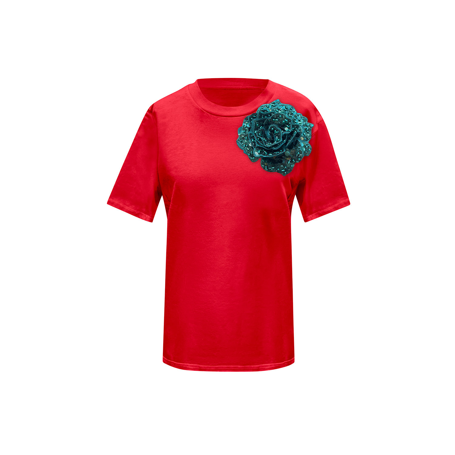 Toma Women's Red / Green Red Cotton T-shirt With Green Side Sequin Rose In Red