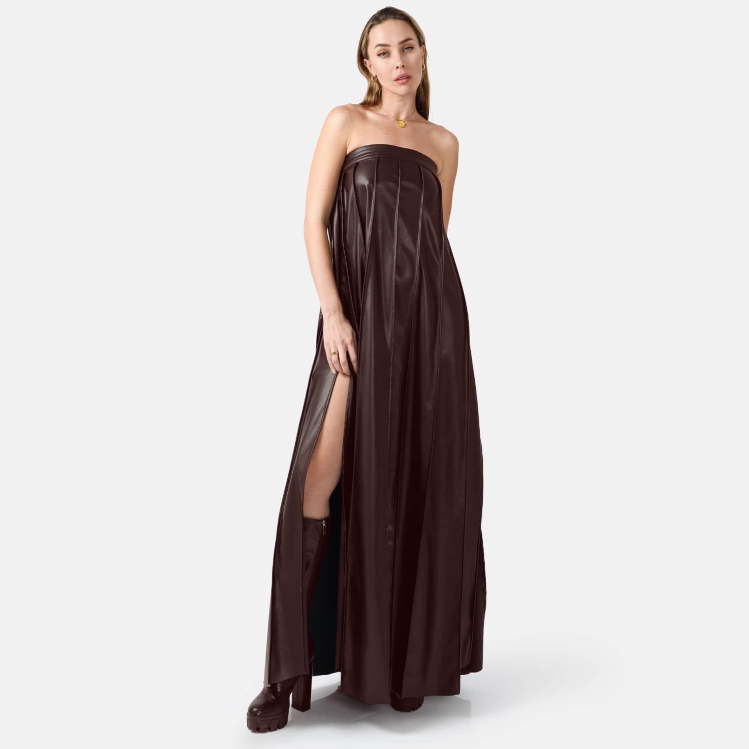 Pleated Brown Leather Maxi Dress  Strapless Designer Evening Gown In Faux  | Kargede | Wolf & Badger