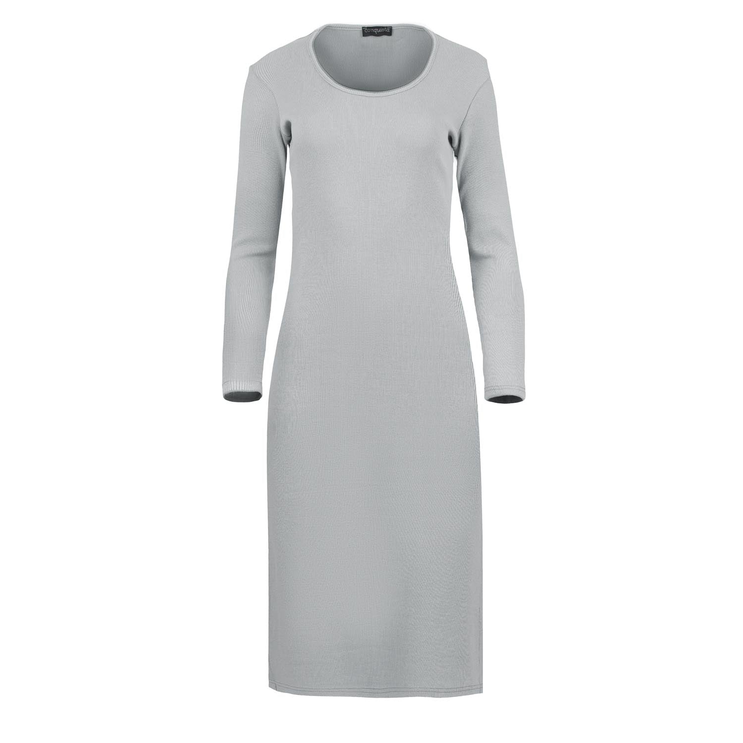 Conquista Women's Grey Long Sleeve Round Neck Midi Dress In Ribbed Cotton-elastane Gray With Side Slits