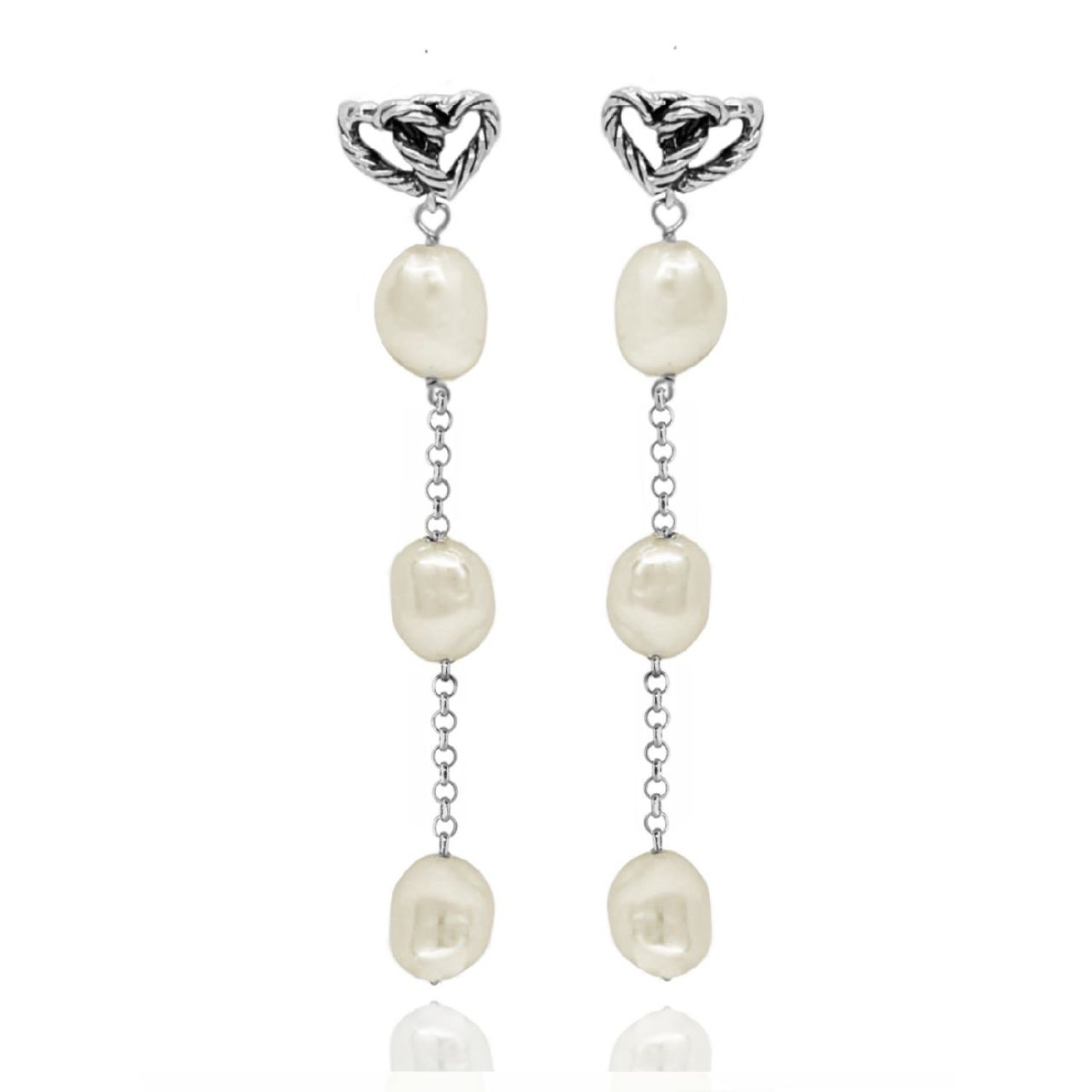 Unaloe Women's Earrings With Intertwined Hearts And Pearls In Sterling Silver