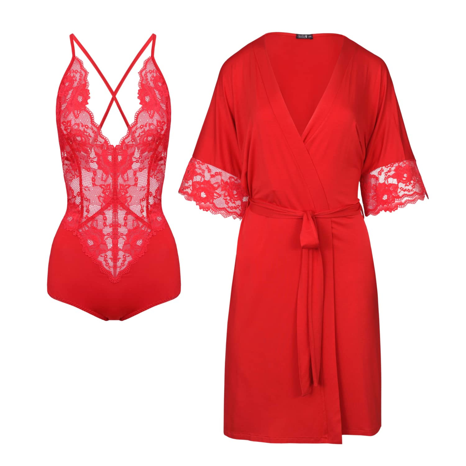 Oh!zuza Night&day Women's Gift Set – Lace Bodysuit & Peignoir - Red In Red