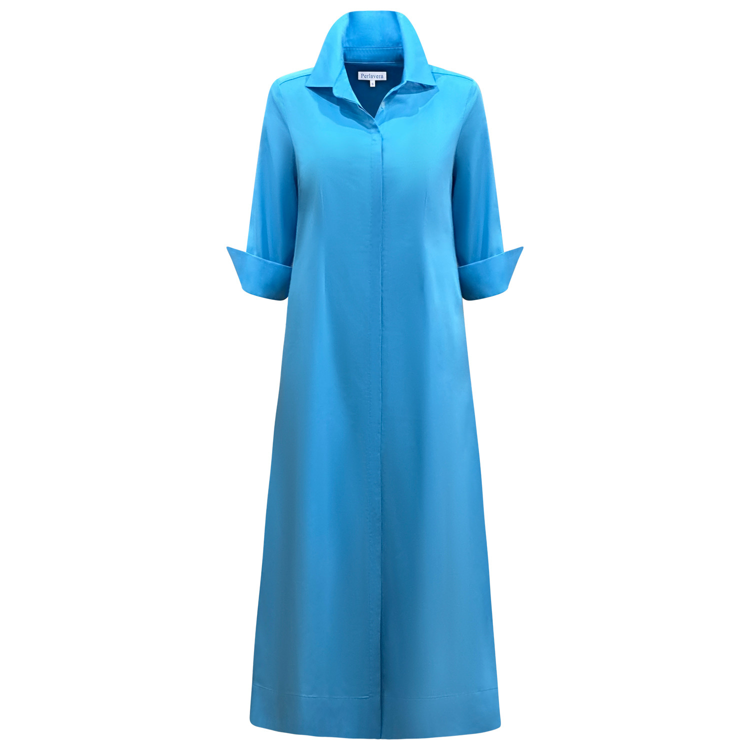 Perlavera Women's Blue Coral Turquoise Three Quarter Sleeve Length Slim Fit Maxi Dress