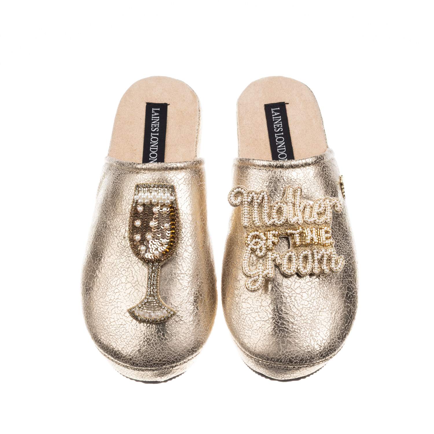 Laines London Women's  Gold Softie Slippers With Mother Of The Groom Brooches In Gold