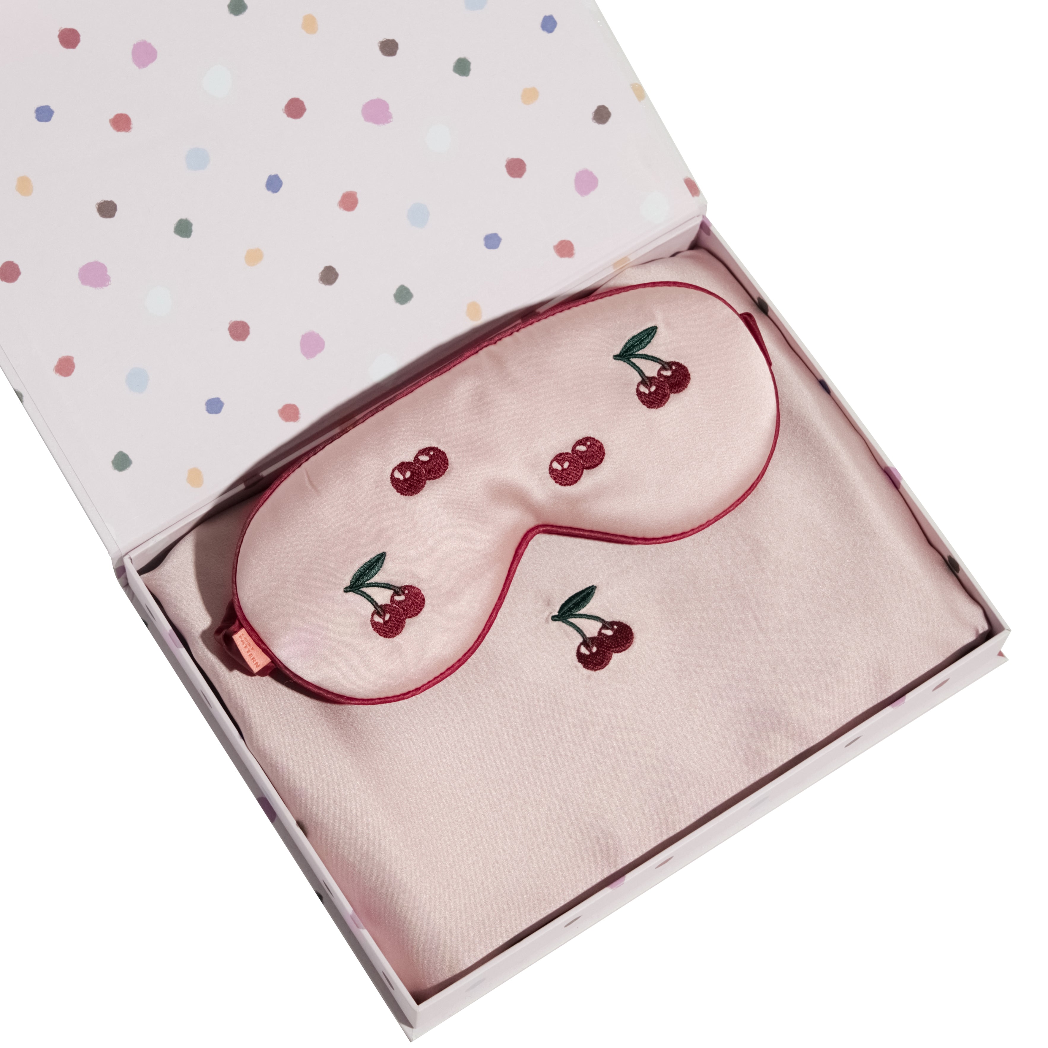 Lost Pattern Nyc Pink Lost Cherries 2 Piece Silk Gift Set - Silk Pillowcase & Silk Sleep Eye Mask In Pink