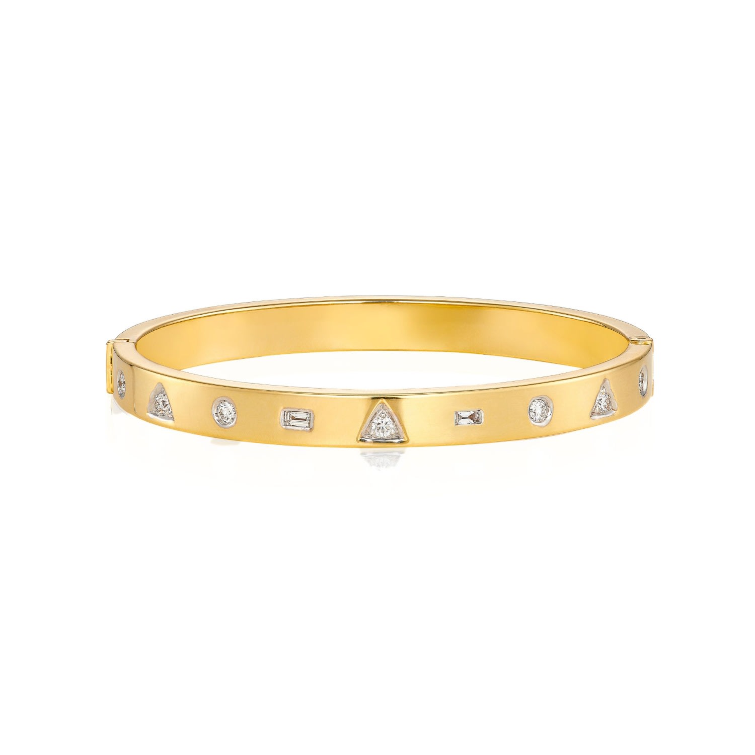 Women’s Solid Diamond Bangle Bracelet With Triangle Round And Baguette Diamonds 18 K Yellow Solid Gold Mirayama