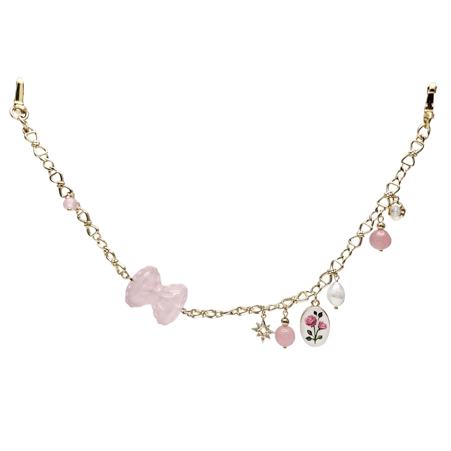 Farra Women's Pink Rose Quartz Bowknot With Rose Chain Bag Charm