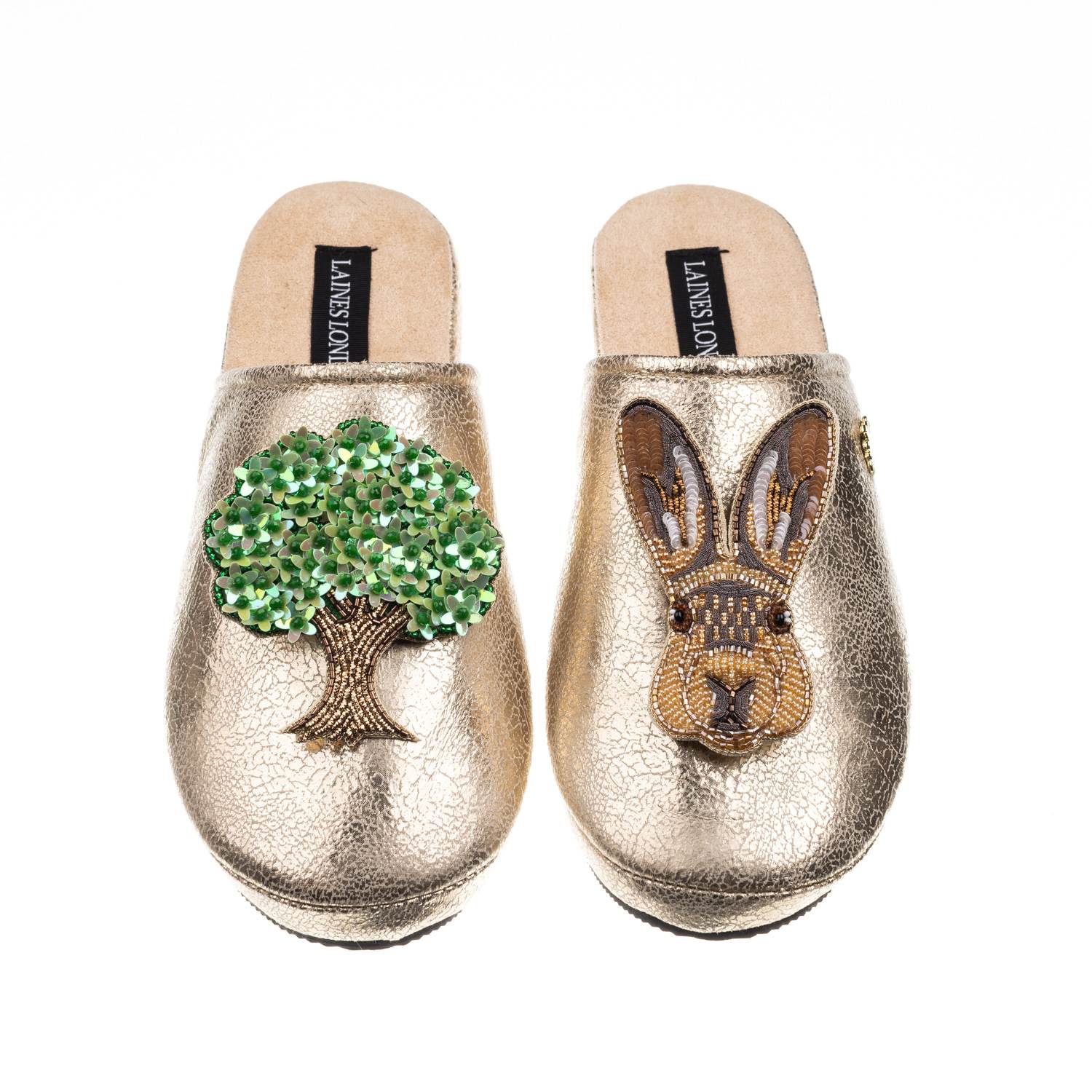 Laines London Women's  Gold Softie Slippers With Oak Tree & Hare Brooch In Gold