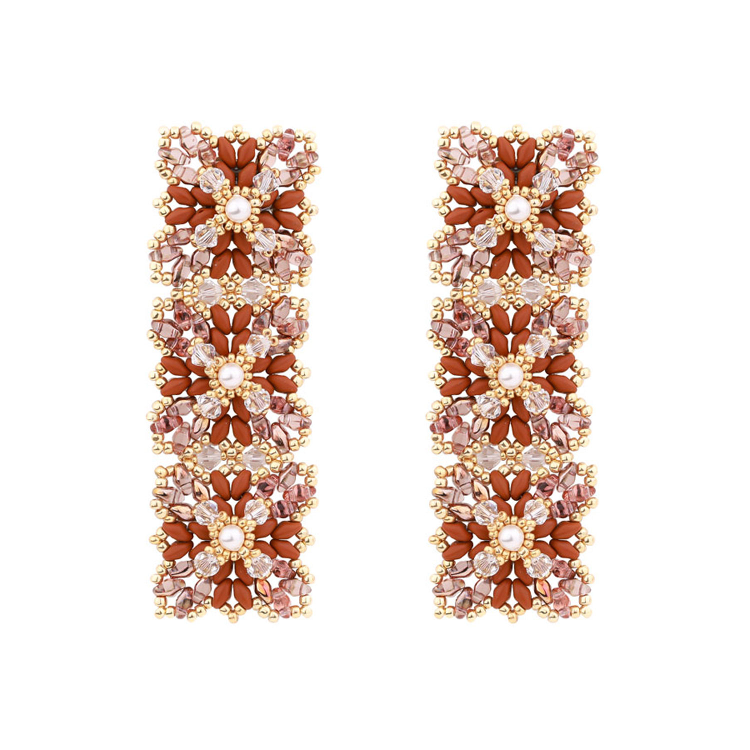 Oanasavu.creations Women's Brown / Gold Brown Glass Beads & Silver Lace Design Long Elegant Earrings In Multi