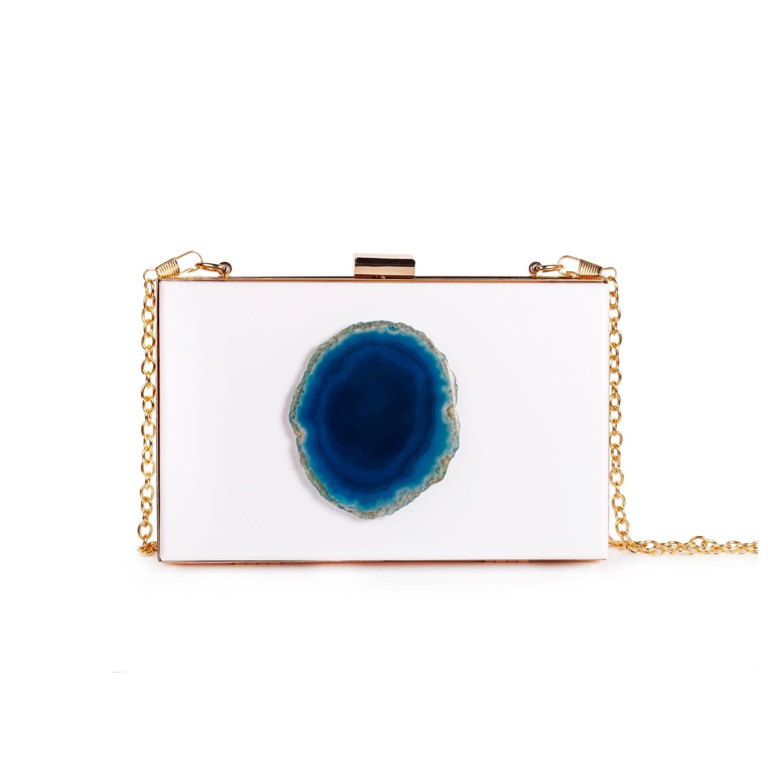 blue and white clutch