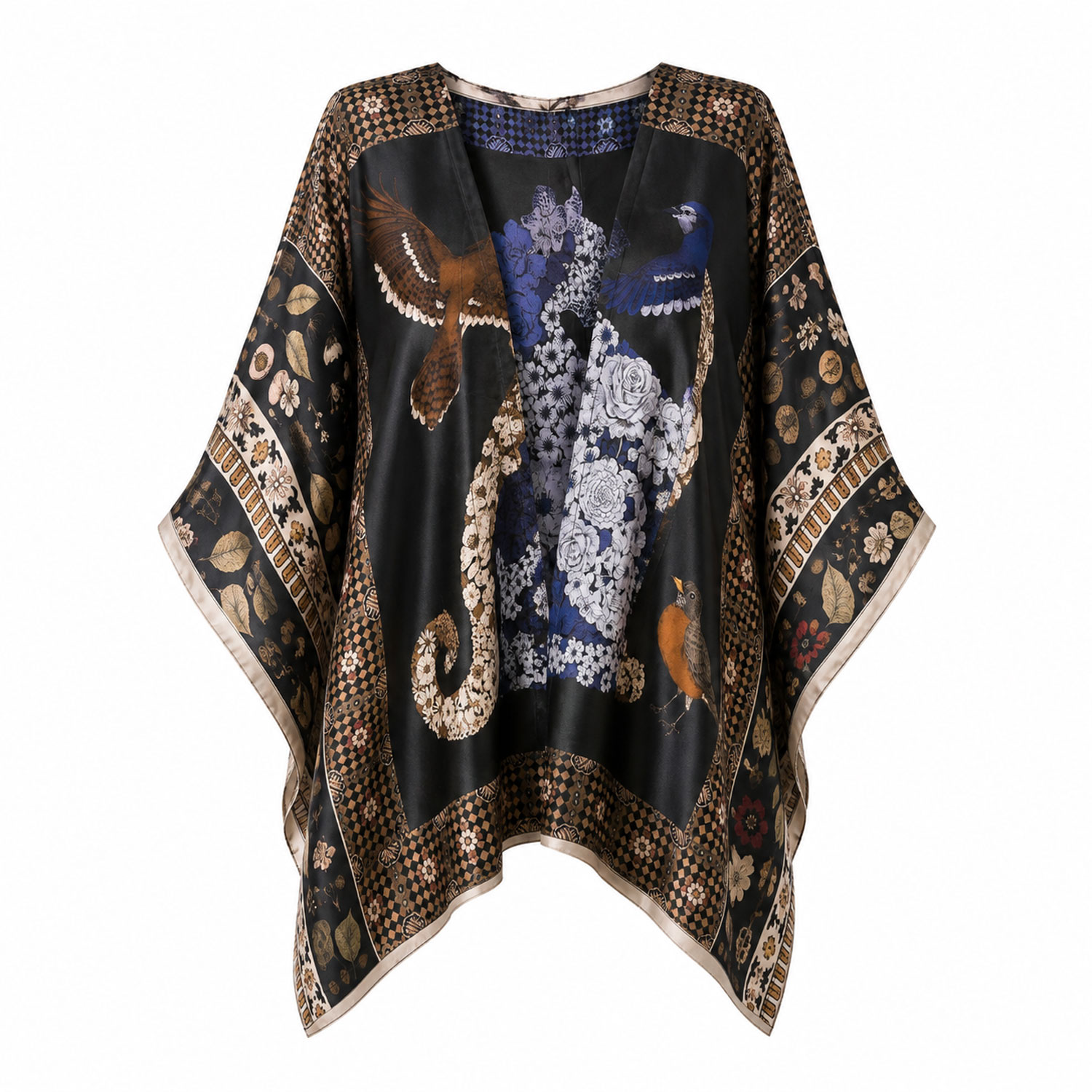 Wenzi Women's Reversible Silk Short Kimono - Floral Leopard & Bird Print