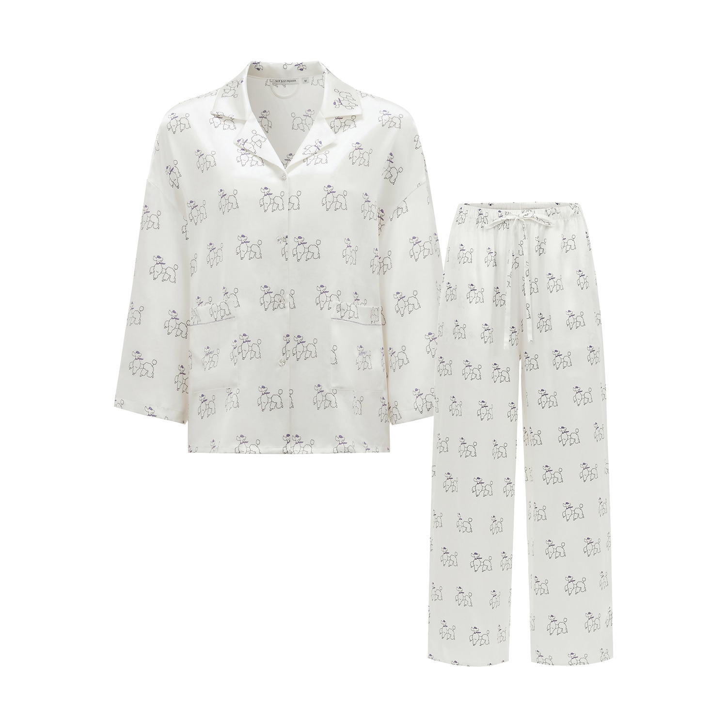Not Just Pajama Women's White Diamond Poodles Silk Pajamas Long Set In White