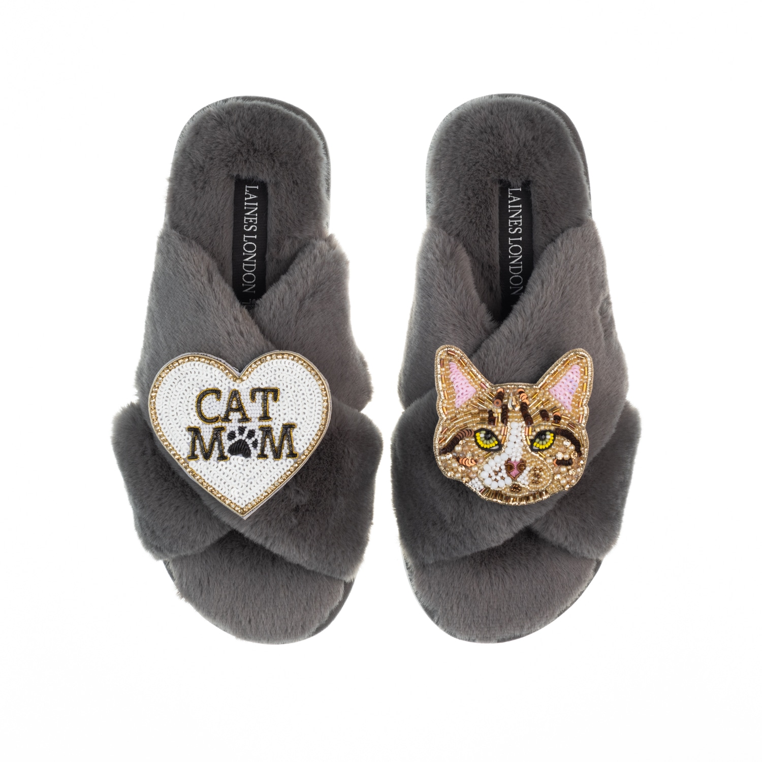 Women’s Classic Laines Slippers With Cat Mum / Mom & Tabby Cat Brooches - Grey Large Laines London