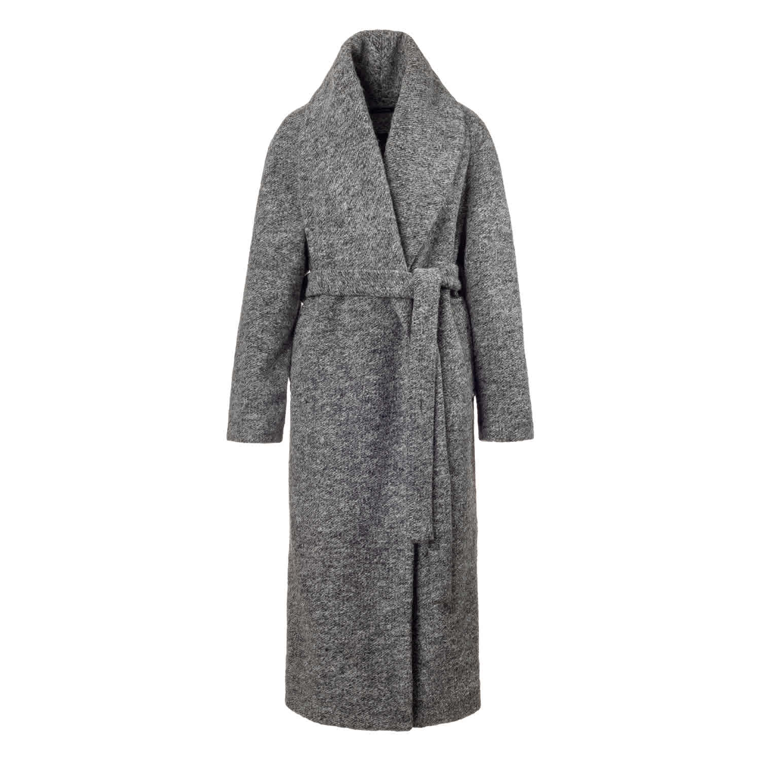 Grey Melange Wool Belted Coat – Long Soft Robe-Style Outerwear
