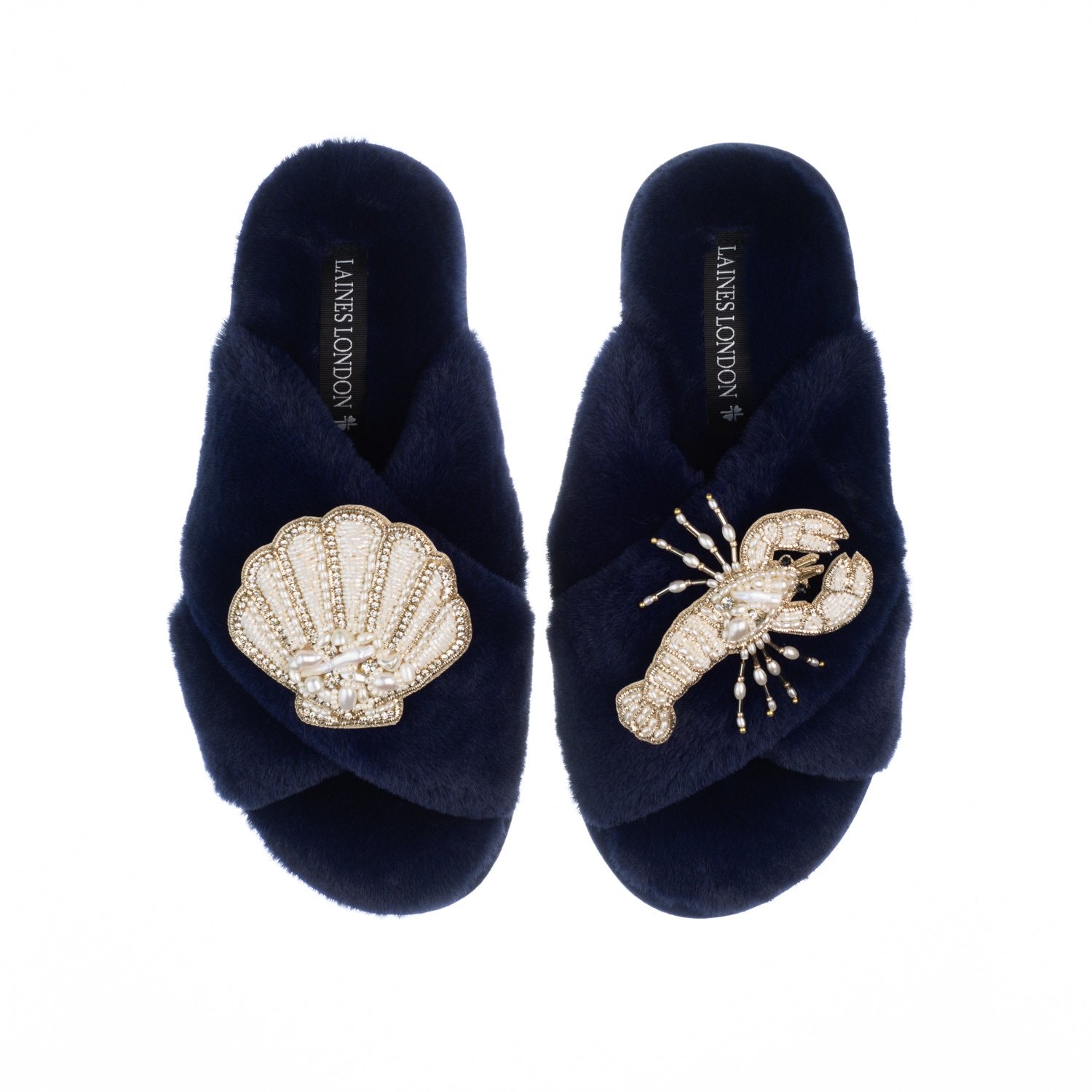 Laines London Women's Blue Classic Laines Slippers With Pearl Beaded Lobster & Shell Brooches - Navy In Blue