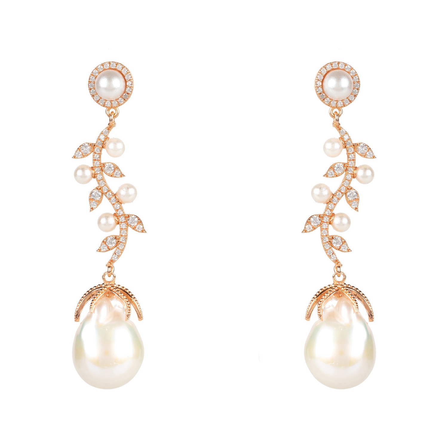 Women’s White / Rose Gold Baroque Pearl Trailing Flowers Earrings Rosegold Latelita