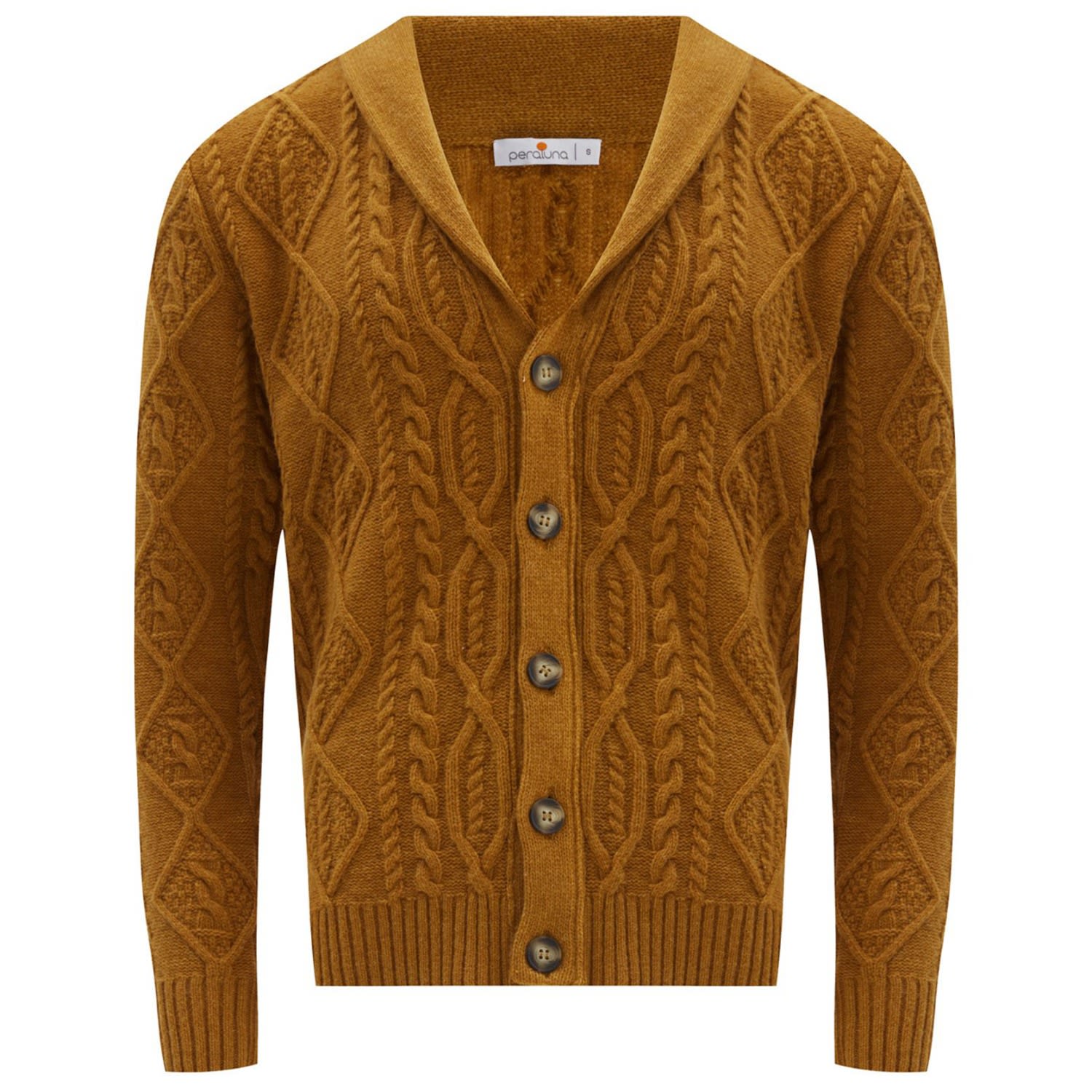 Brown Benjamin Shawl Collar Cable Knit Men’s Cardigan - Mustard Small Peraluna