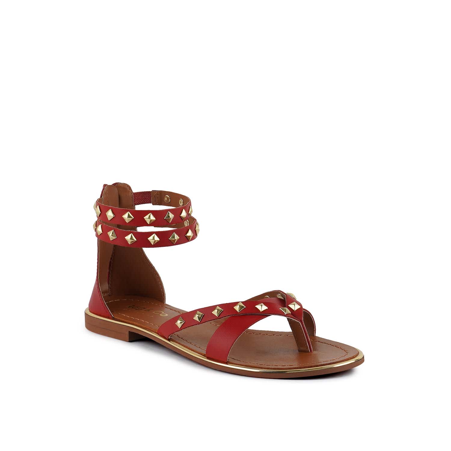 Emmeth Studs Embellished Red Flat Gladiator Sandals by Rag