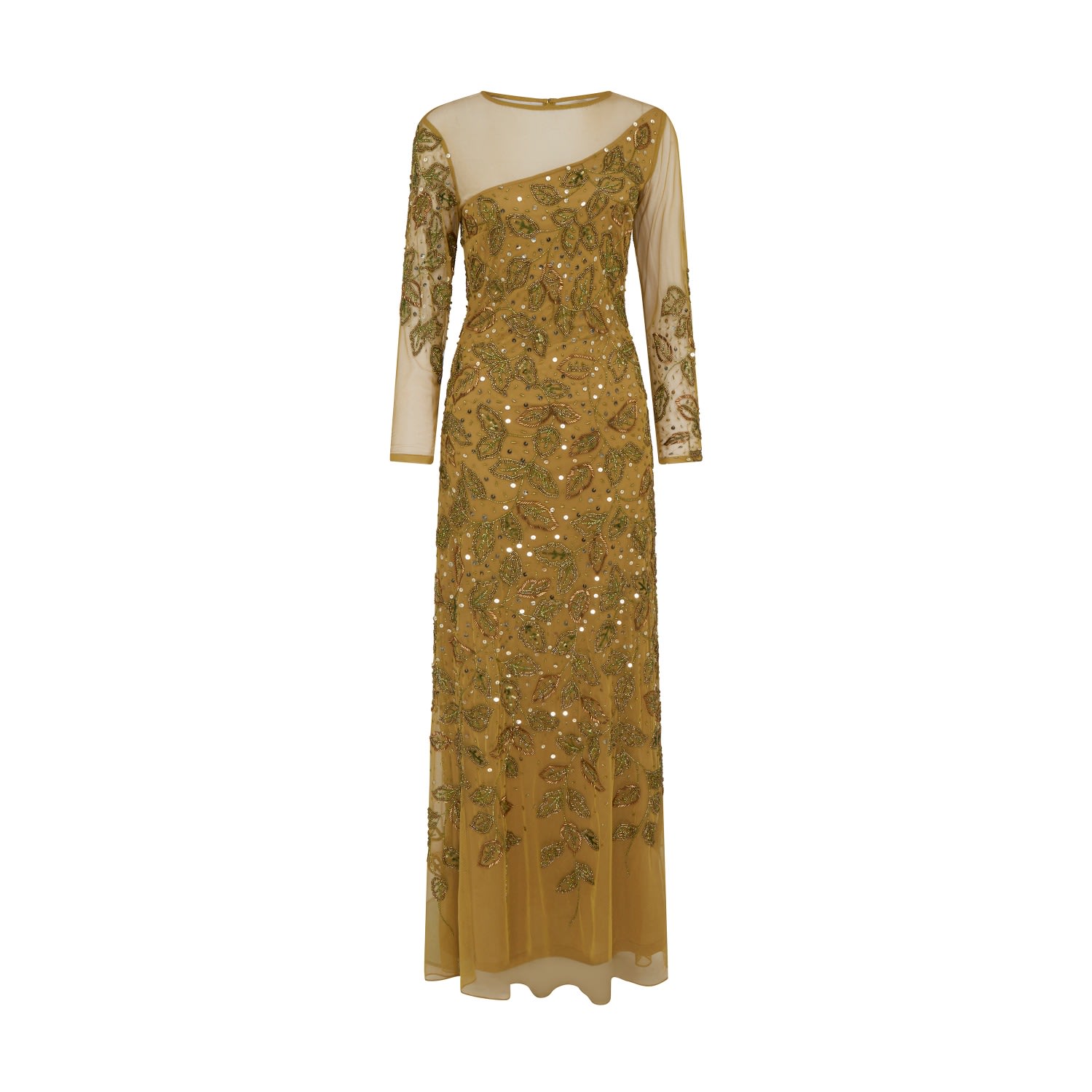 Raishma Women's Sally A Long Sleeve Floor-length Gown With An Asymmetrical Sheer Neckline, Tonal Beading & F In Yellow