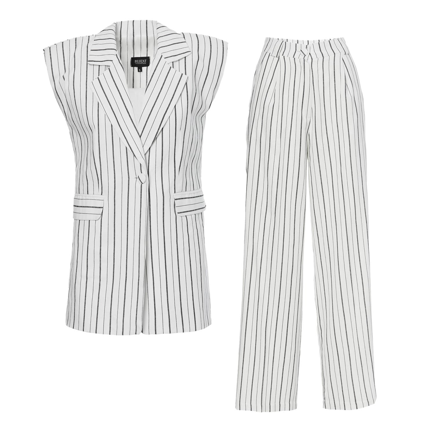 Women’s Black / White Suit With Oversized Vest And Wide Leg Trousers Made In Linen With Stripes Large Bluzat