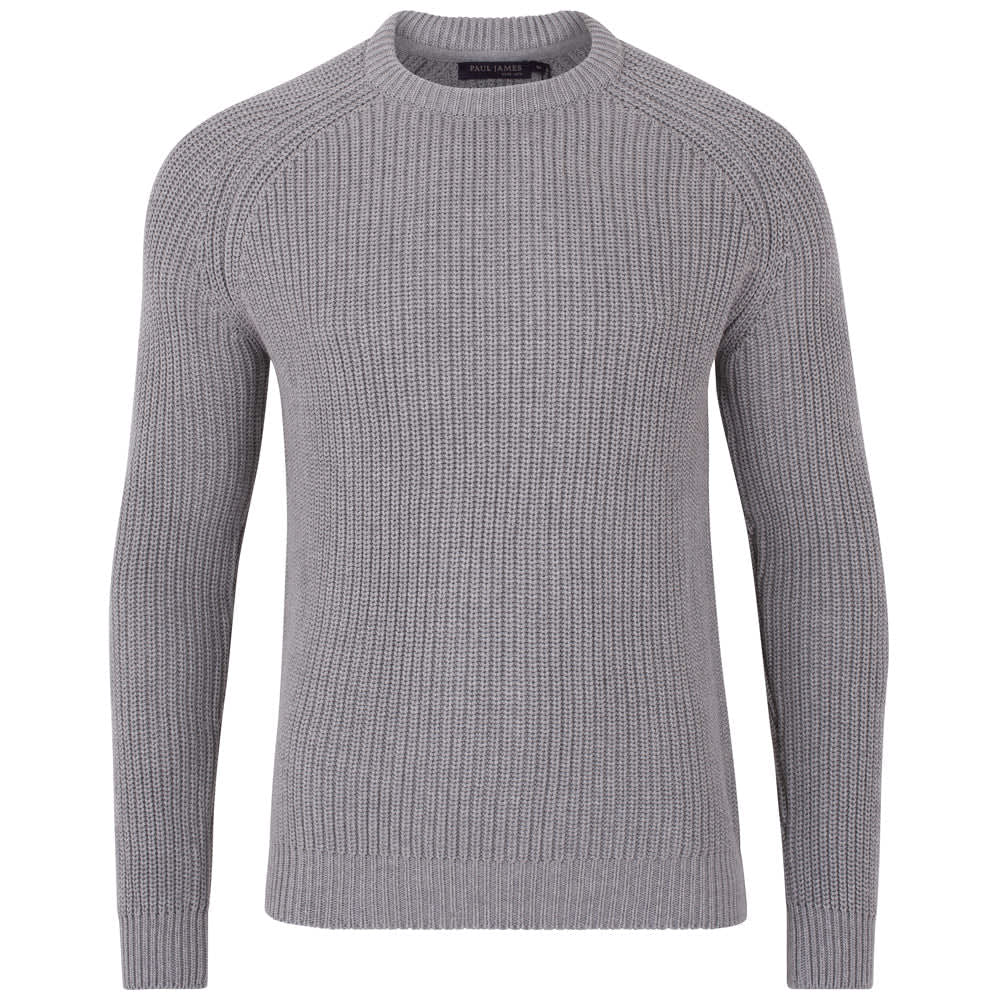 Mens Cotton Clark Fisherman Rib Knit Jumper Ash Grey Paul James Knitwear Wolf Badger