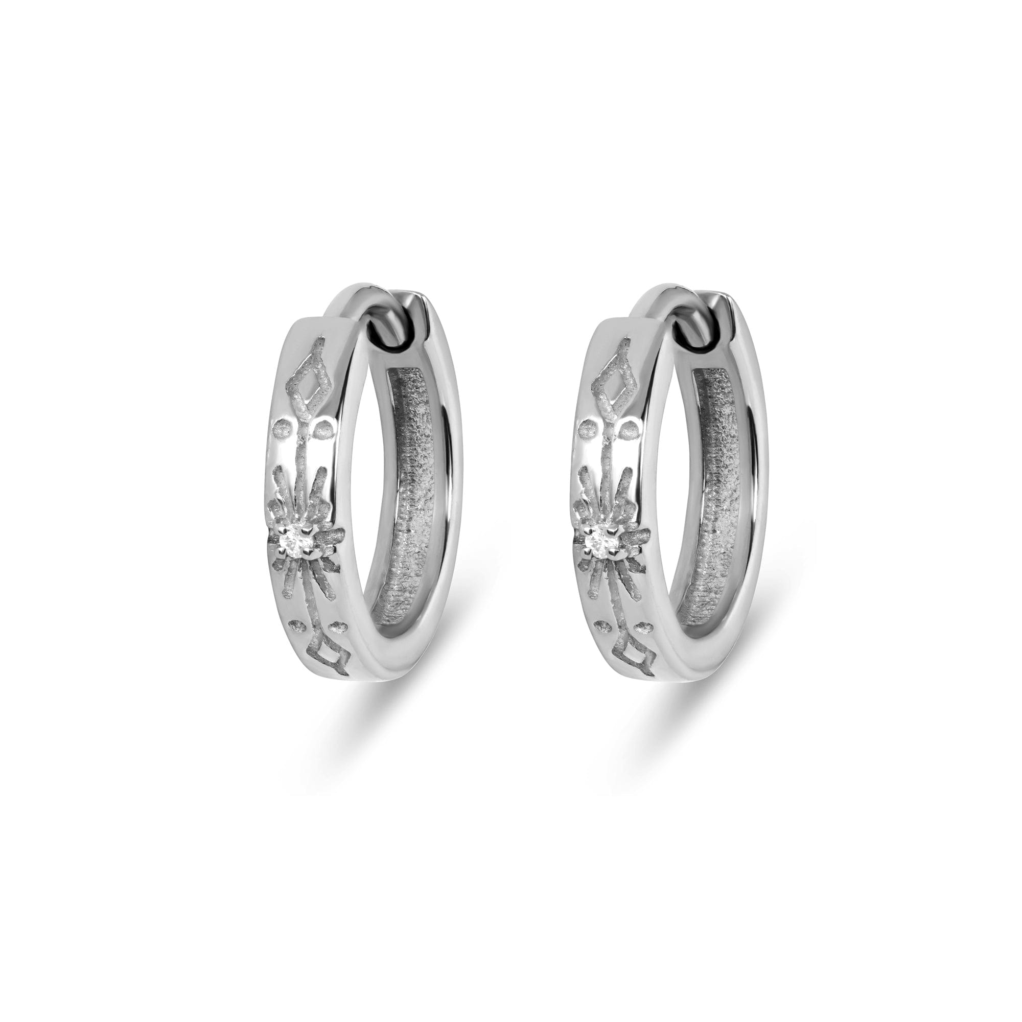 Zohreh Women's White Sapphire Starburst Huggie Hoop Earring Pair Sterling Silver In Silver