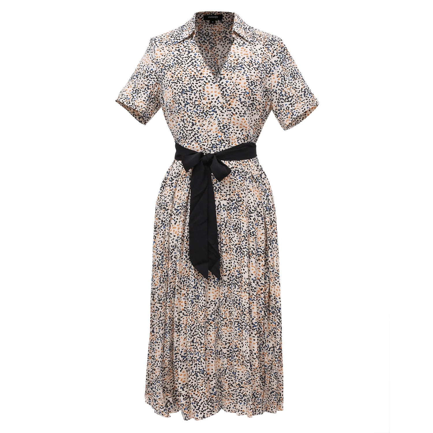 Smart And Joy Women's Pleats Printed Tea Dress And Added Belt - White & Black In White
