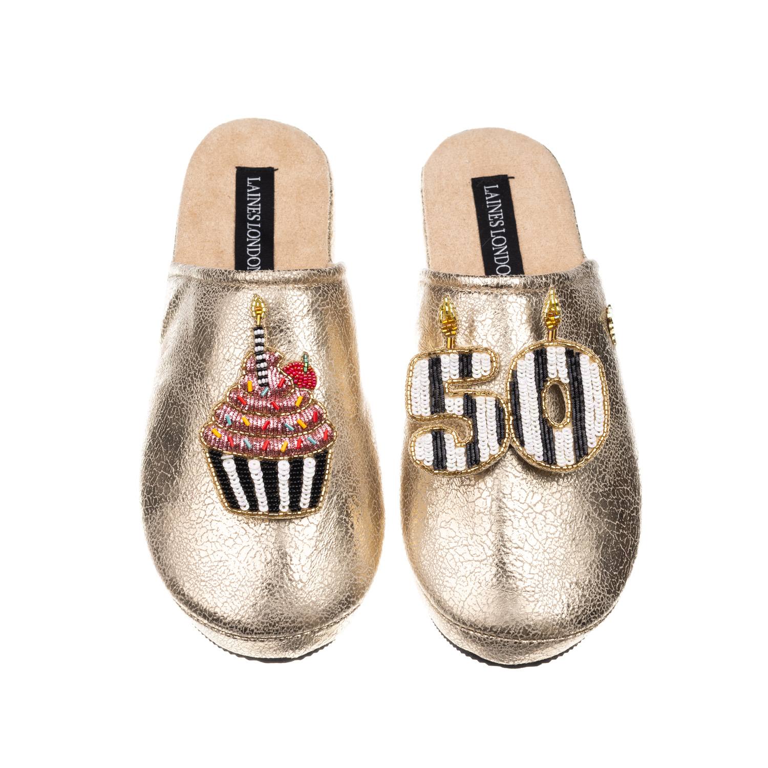 Laines London Women's Laines Gold Softie Slippers With Stripe 50th Birthday & Cake Brooches In Gold