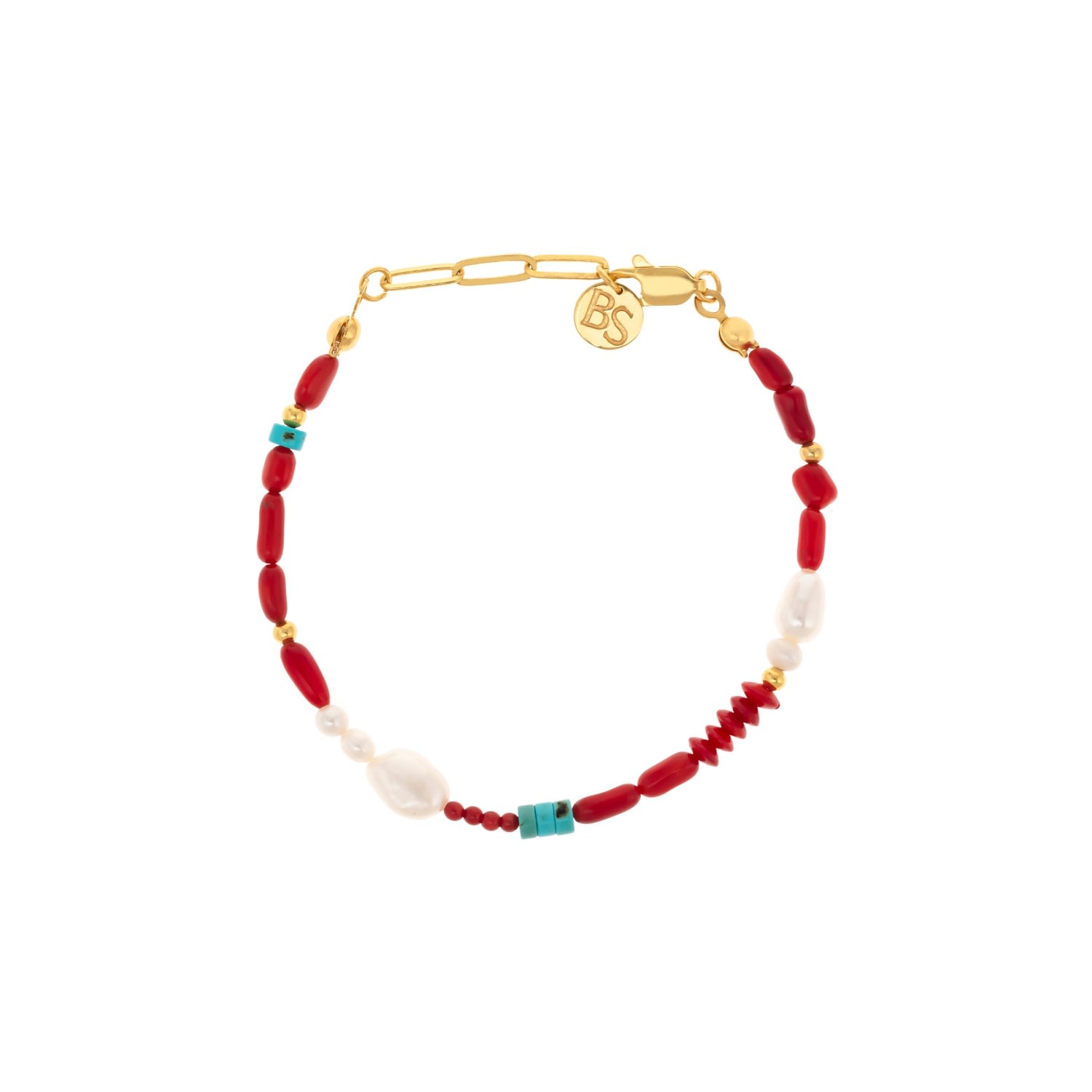 Bonjouk Studio Women's Gold / White / Red Levi Natural Pearl Coral & Turquoise Bracelet