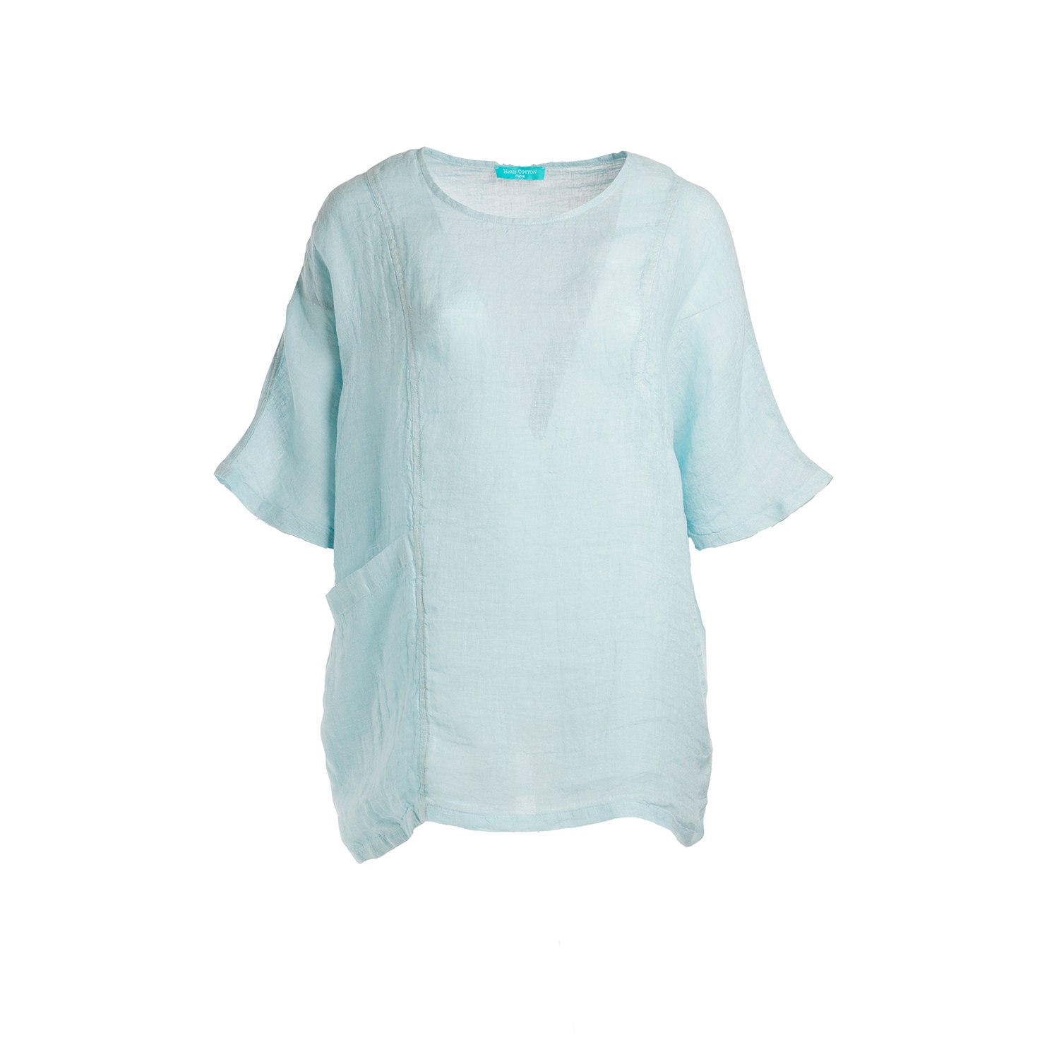 Haris Cotton Women's Blue Front Pocket Curve Linen Gauze Blouse With Batwing Sleeve - Ocean Air In Blue