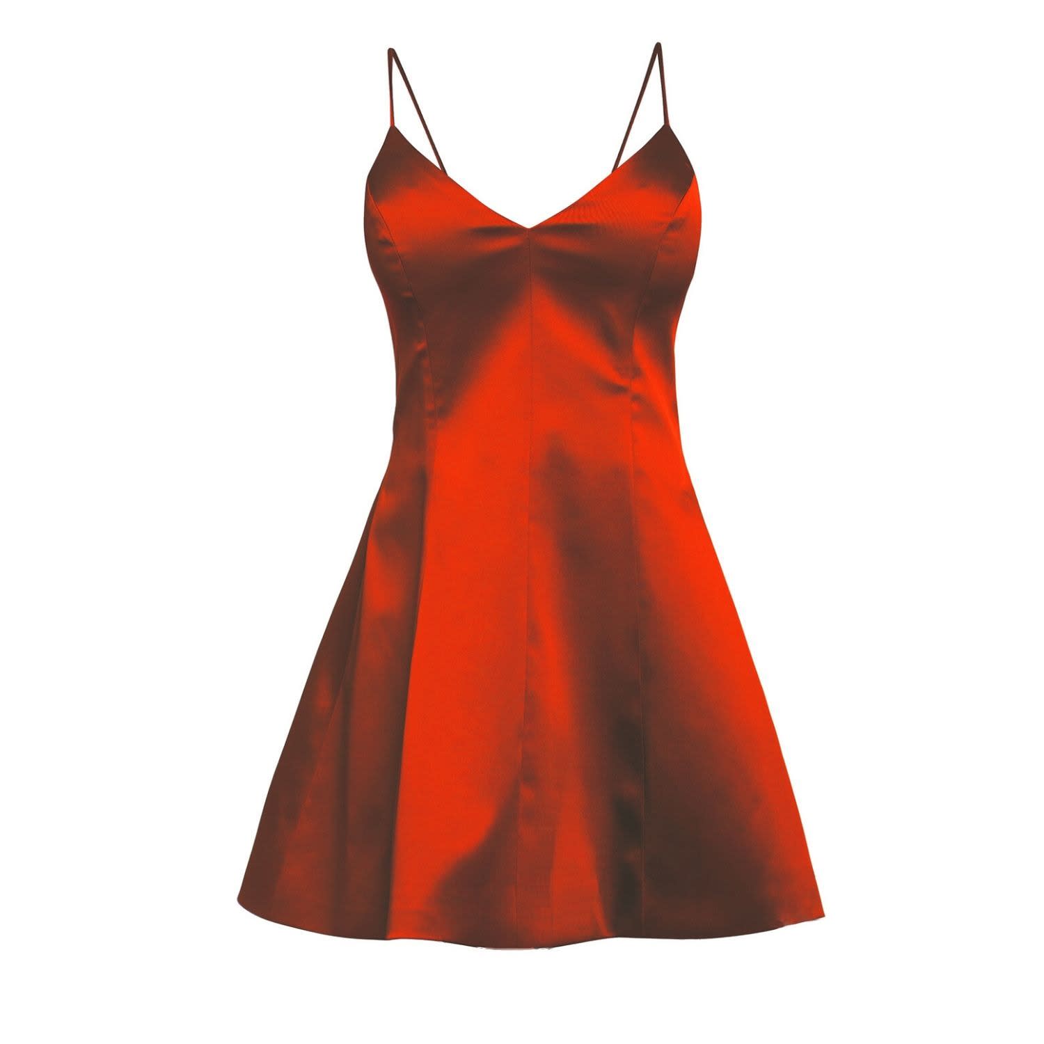 red satin fit and flare dress