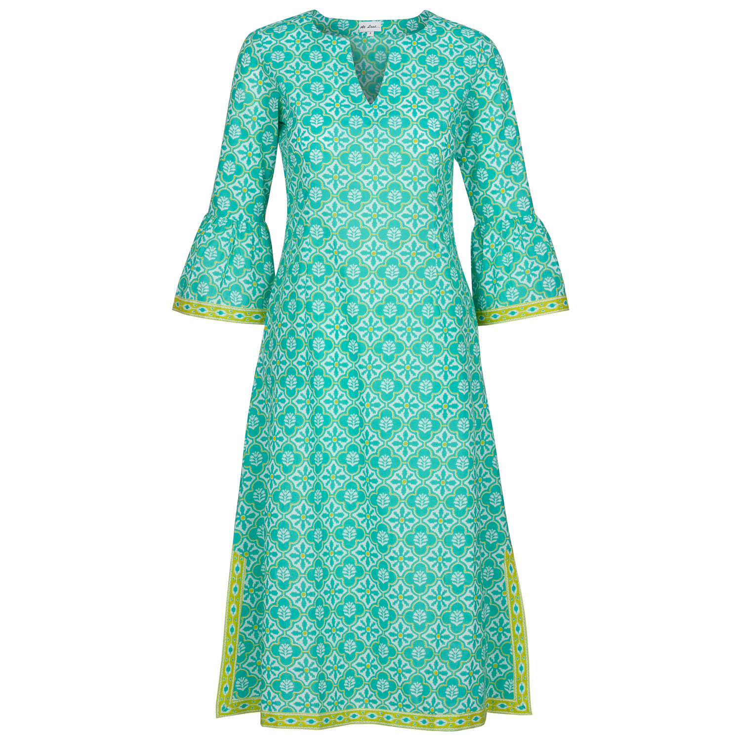 At Last... Women's Blue / White Cotton Belle Kaftan Dress In Turquoise & White Flower In Blue/white
