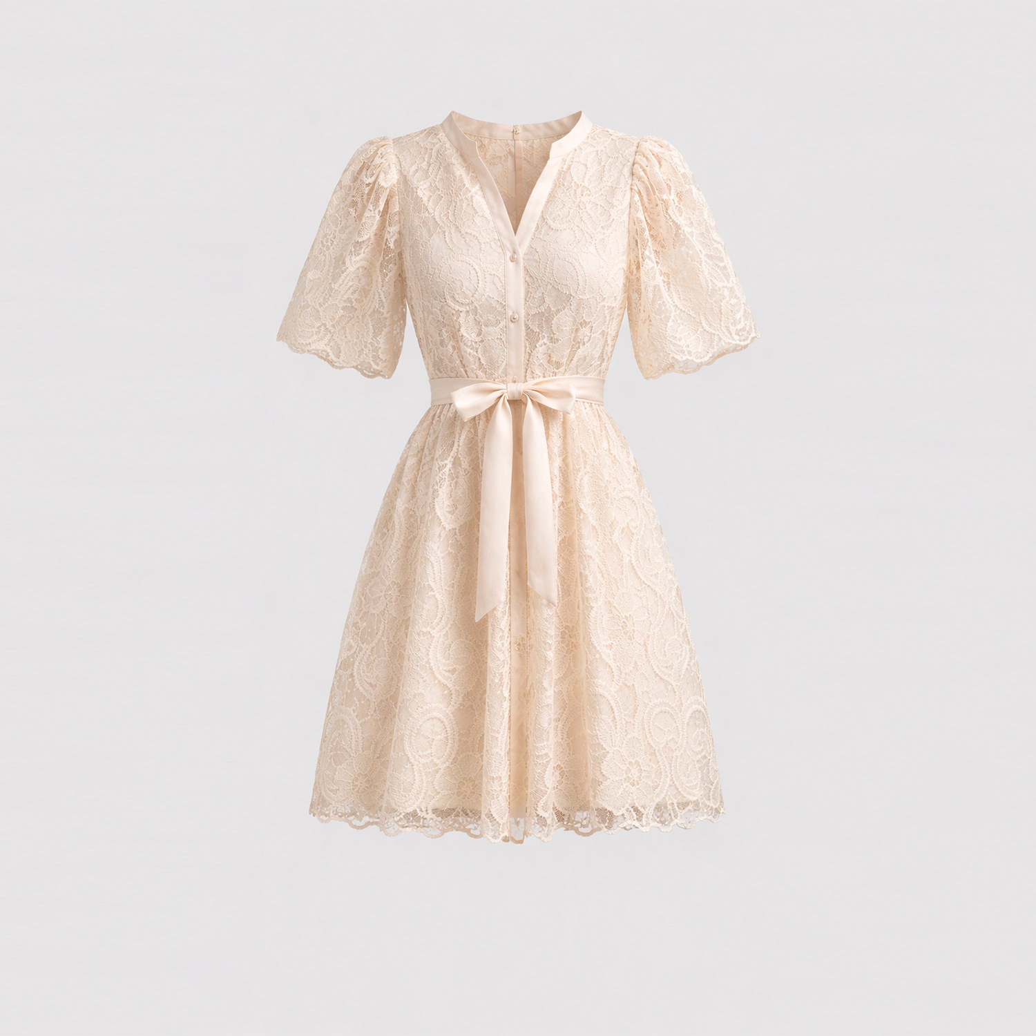 Women's Neutrals Lace Shirt Dress With Sequins, Puff Sleeves, Pearl Buttons, And Belt Beige | Small | Tantra Spain Sl