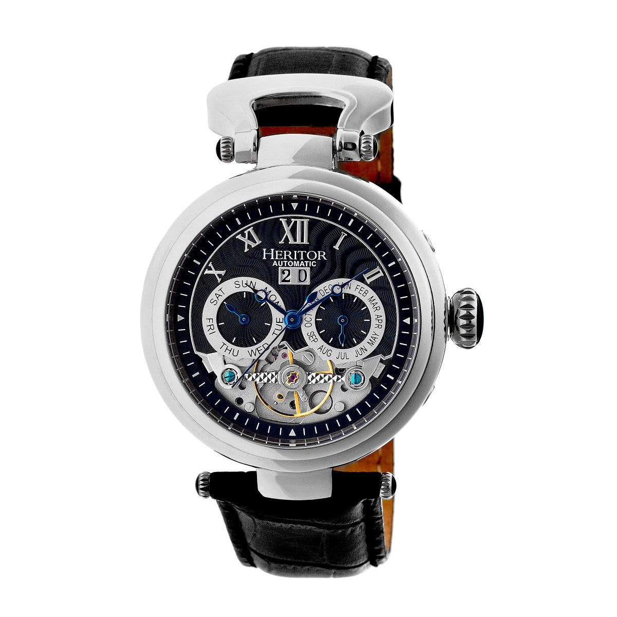 Men’s Silver / Black Ganzi Semi-Skeleton Leather-Band Watch With Day And Date - Black, Silver One Size Heritor Automatic