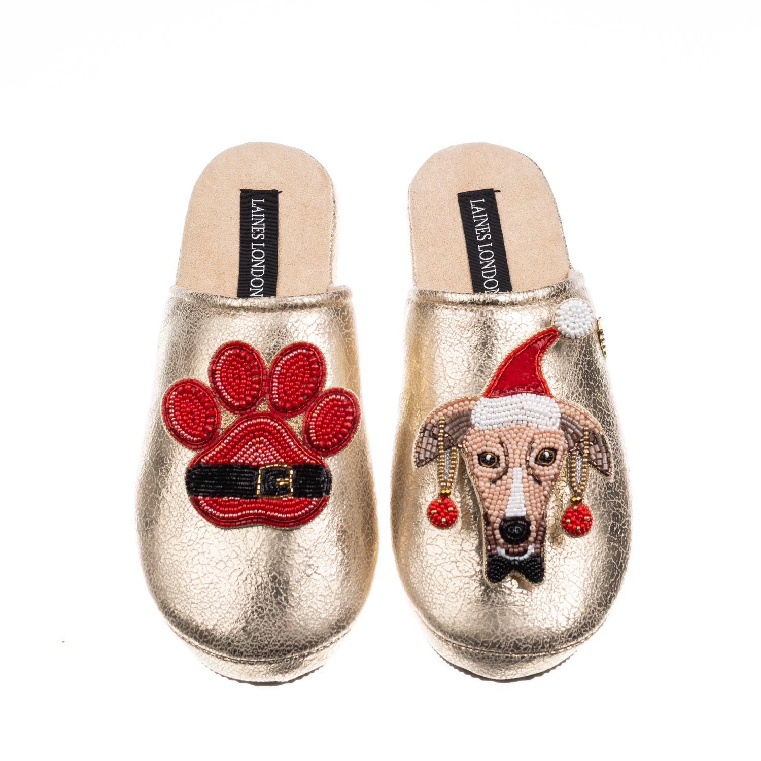 Laines London Women's Gold Softie Slippers With Christmas Greyhound & Paw Brooches In Gold
