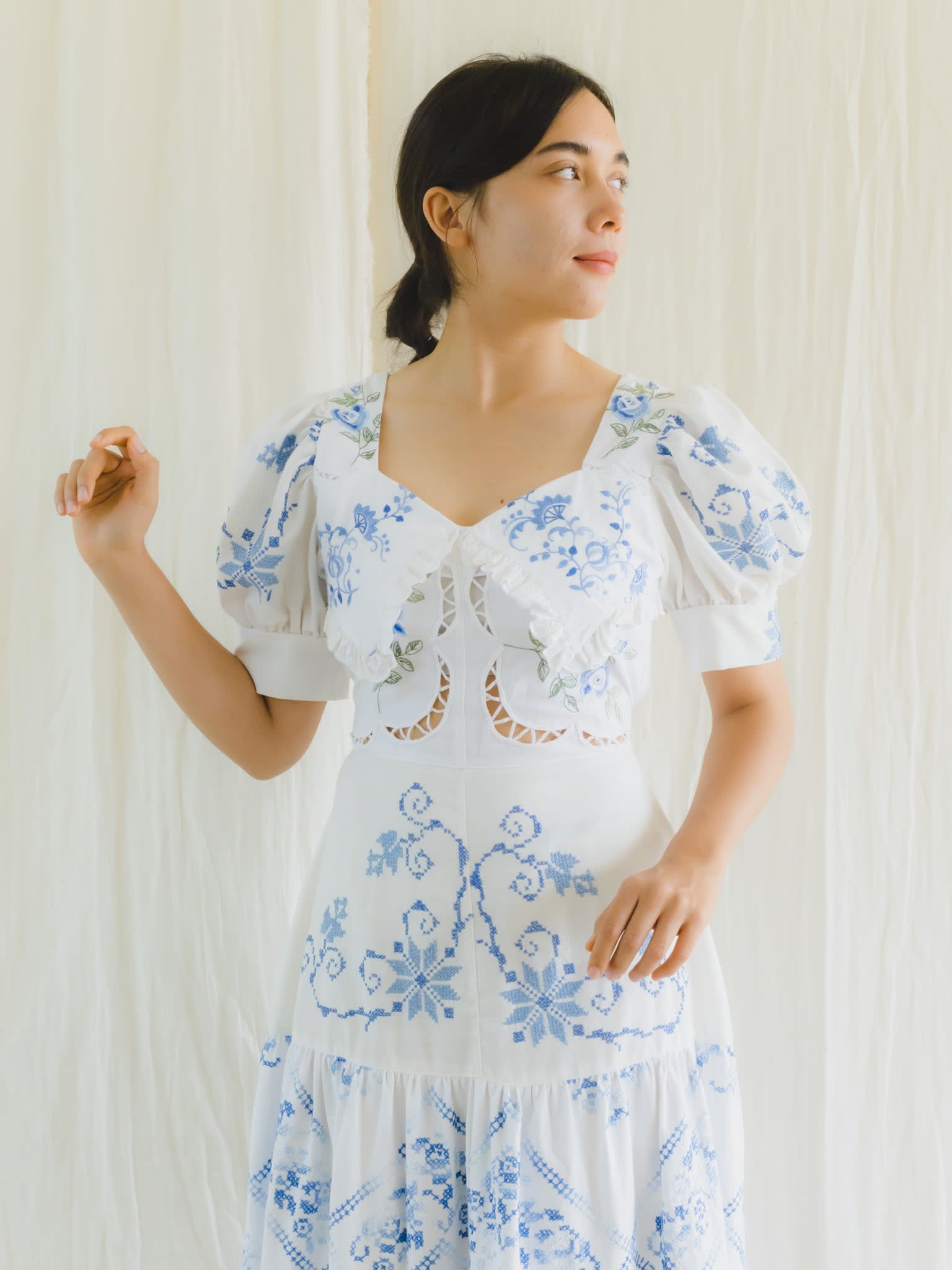 Upcycled Floral Embroidered Vintage Maxi Dress With Square Neck