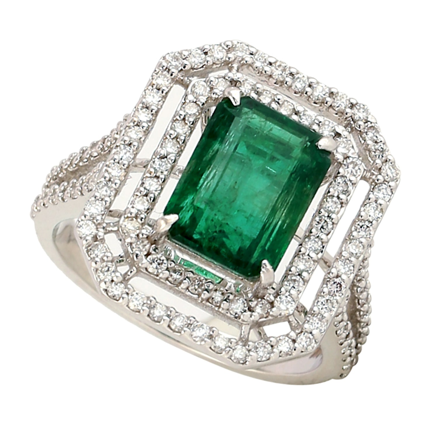 Women’s White / Green Natural Diamond & Zambian Emerald Octogen Cut In 14K White Gold Cocktail Ring Artisan