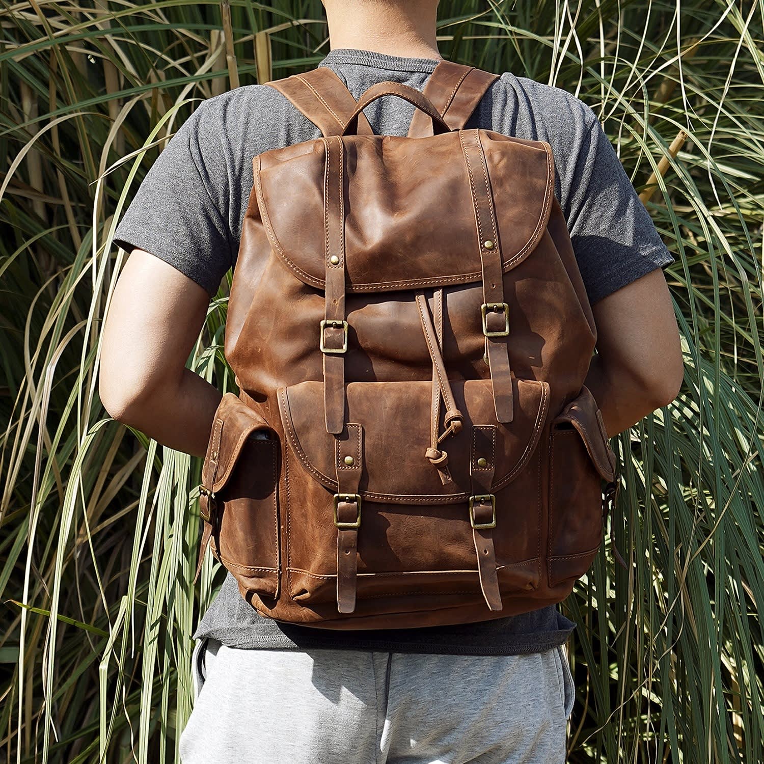 Military Style Leather Backpack by Touri