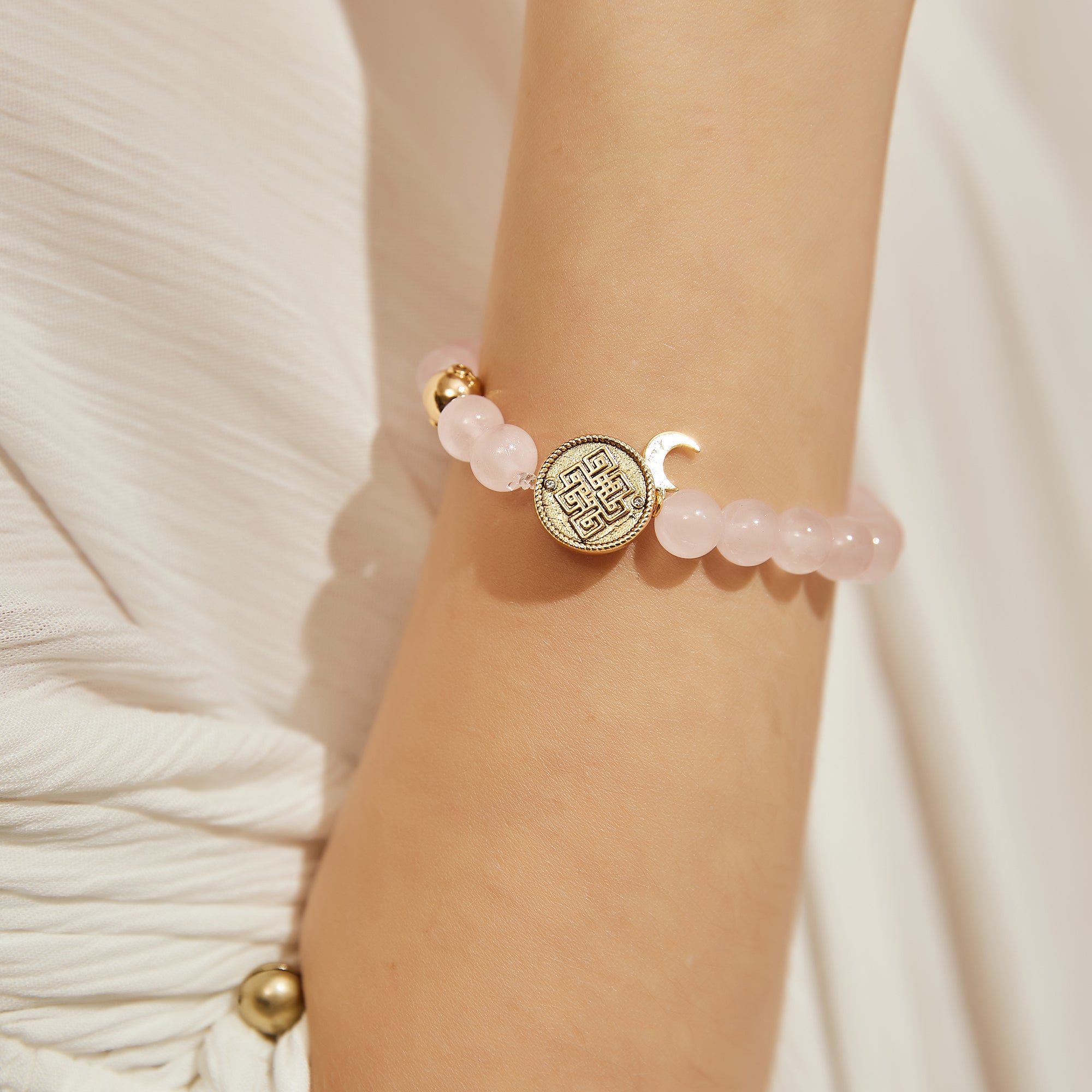 Aurozia Women's Gold / Silver Three Charms Sundial & Lotus & The Endless Love Knot Rose Quartz Beaded Bracel In Metallic