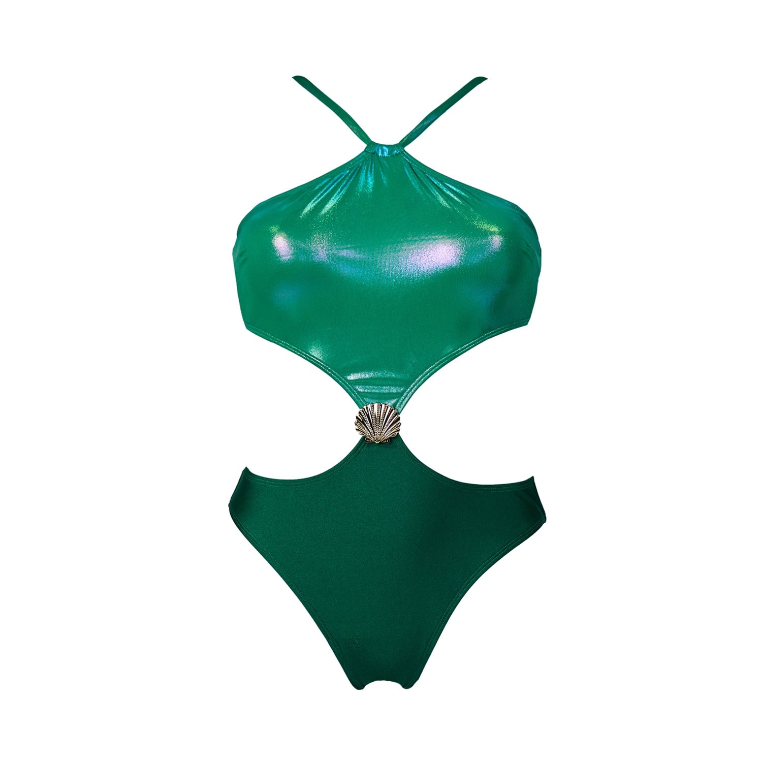 Women's The Siren's Secret - Shiny Trikini With Removable Shell Oceanic Green | Medium | Aulala Paris