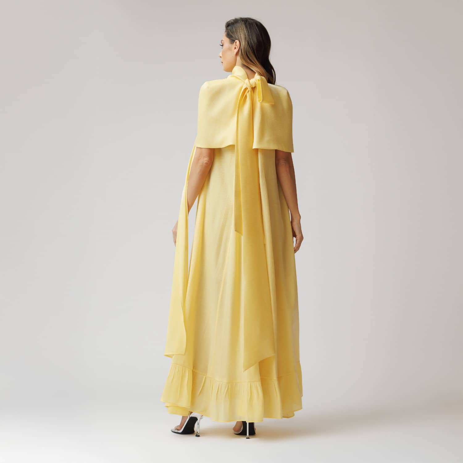 Set: Cascading Ruffle Dress And Cape - Pearl Yellow