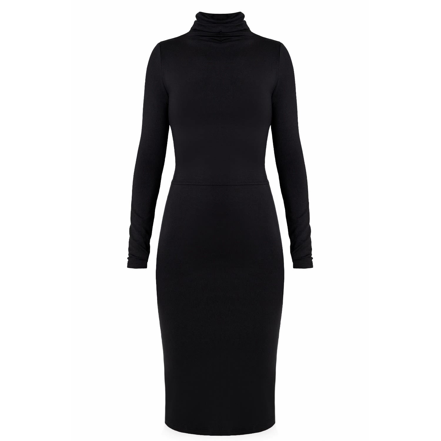 black fitted turtleneck dress