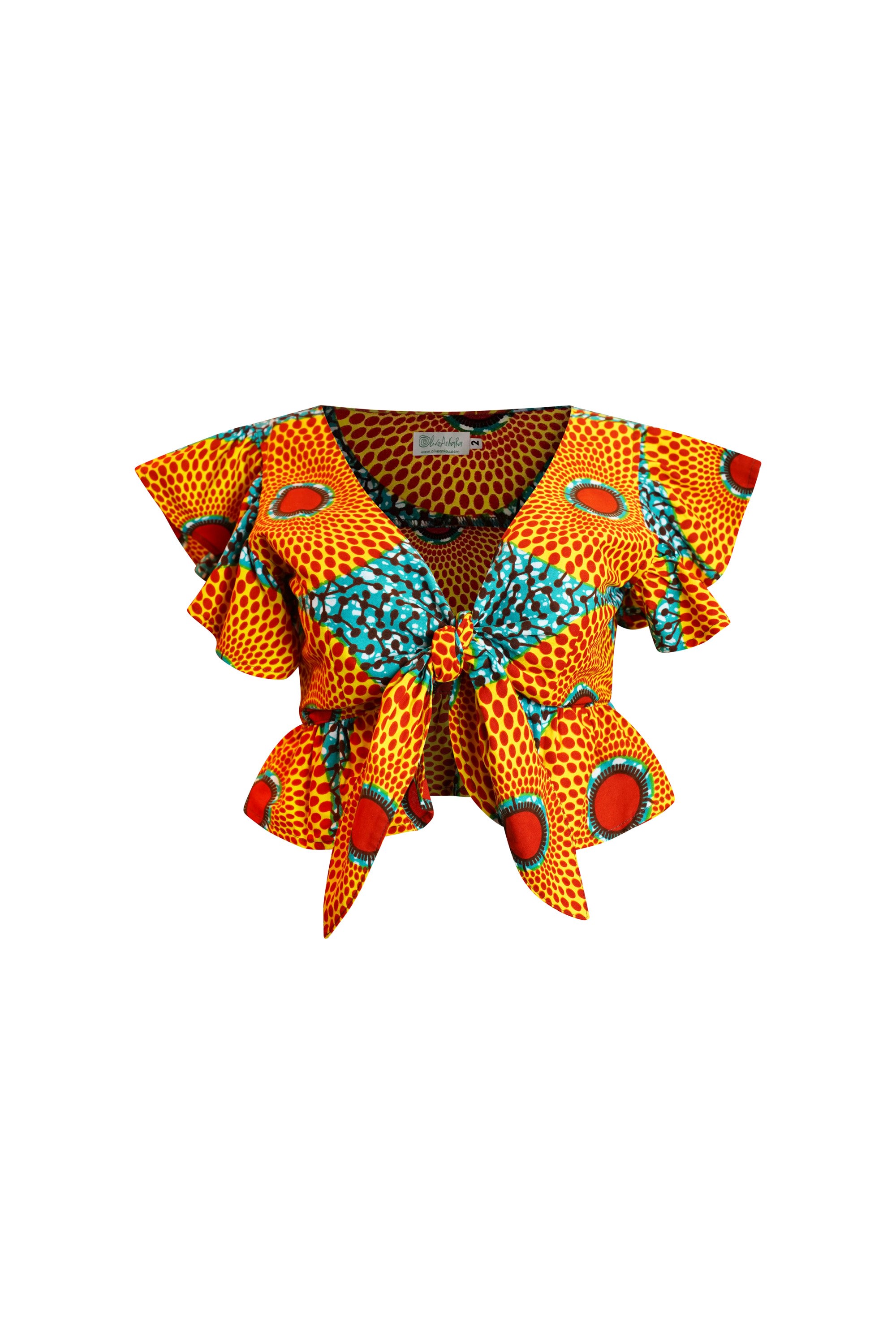 Women’s Blue / Yellow / Orange Imani Front Tie Crop Top - Orange & Cyan Water Well African Ankara Wax Cotton Print Large Oliveankara