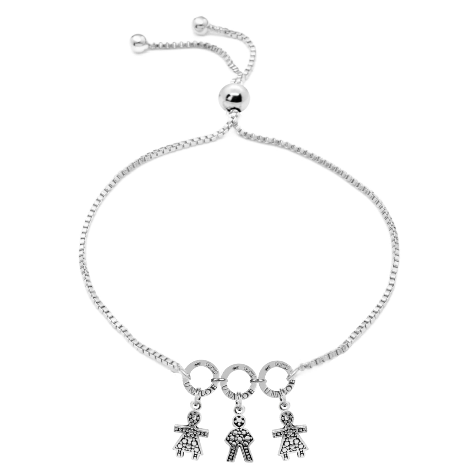 Unaloe Women's Adjustable Sterling Silver Mom Bracelet With Three Charms Two Girls And One Boy Perfect Gift