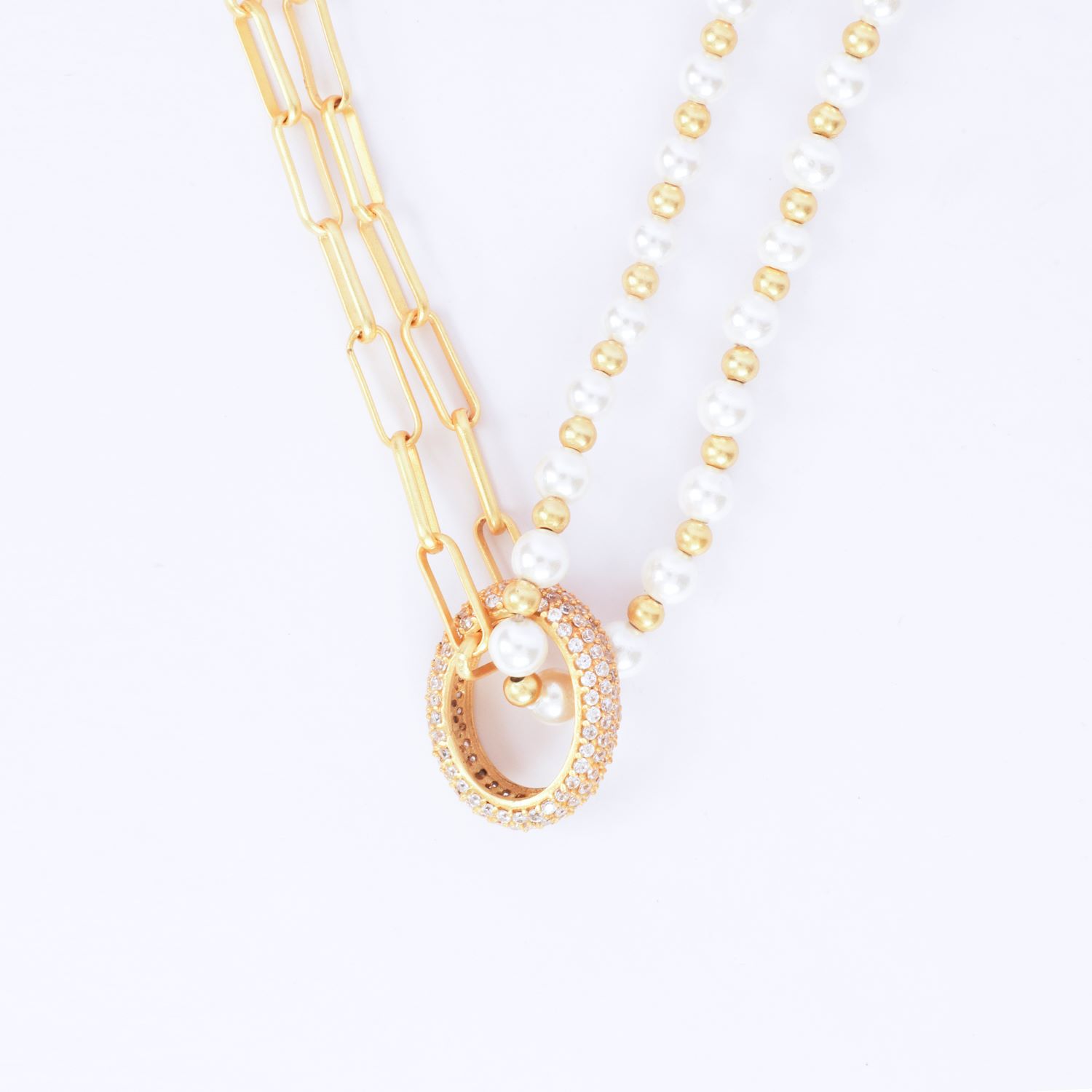 Lila Rasa Women's Gold / White Pearl Link Choker With Oval Cz Loop