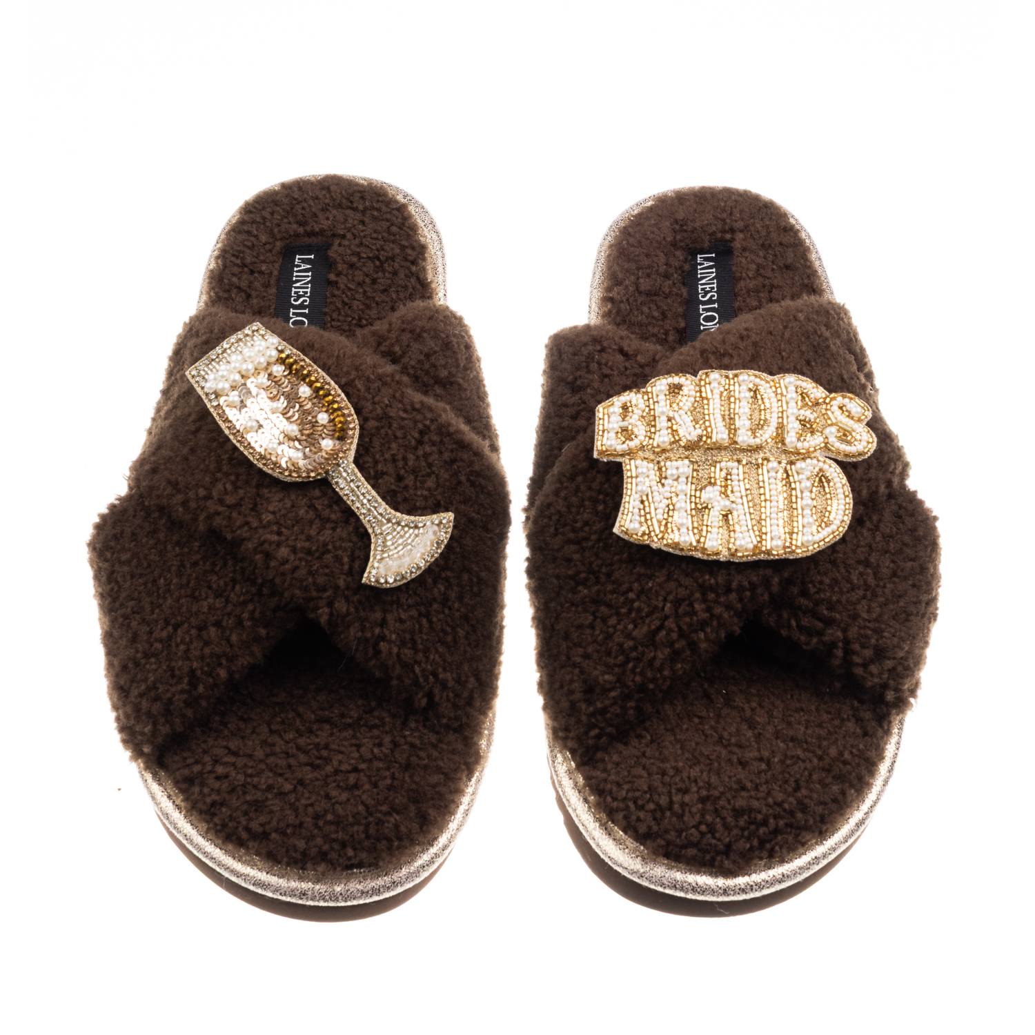 Laines London Women's Brown / Neutrals Laines Neutral Boucle Slippers With Bridesmaid Brooches - Chocolate In Brown