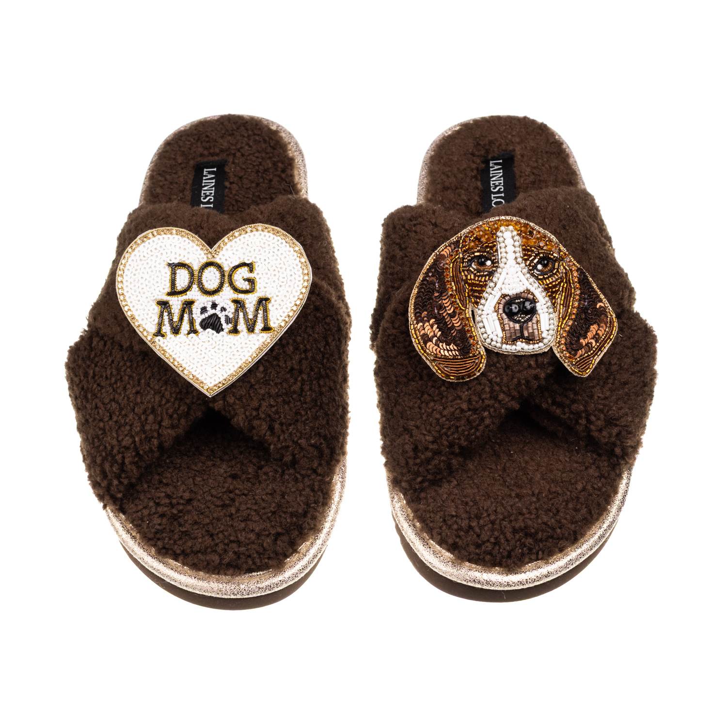 Laines London Women's Brown / Neutrals Laines Neutral Boucle Slippers With Ziggy The Beagle & Dog Mum / Mom Brooch