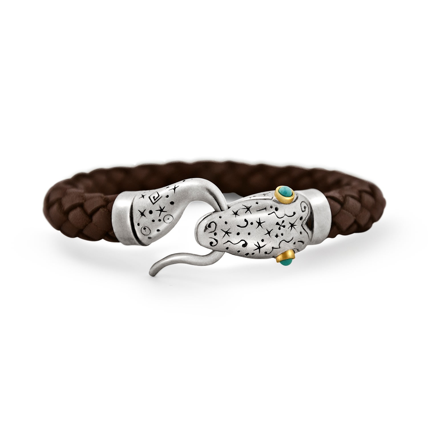 Snake Bones Women's Brown / Silver Snake Leather Bracelet In Silver 18kt Gold And Turqoise