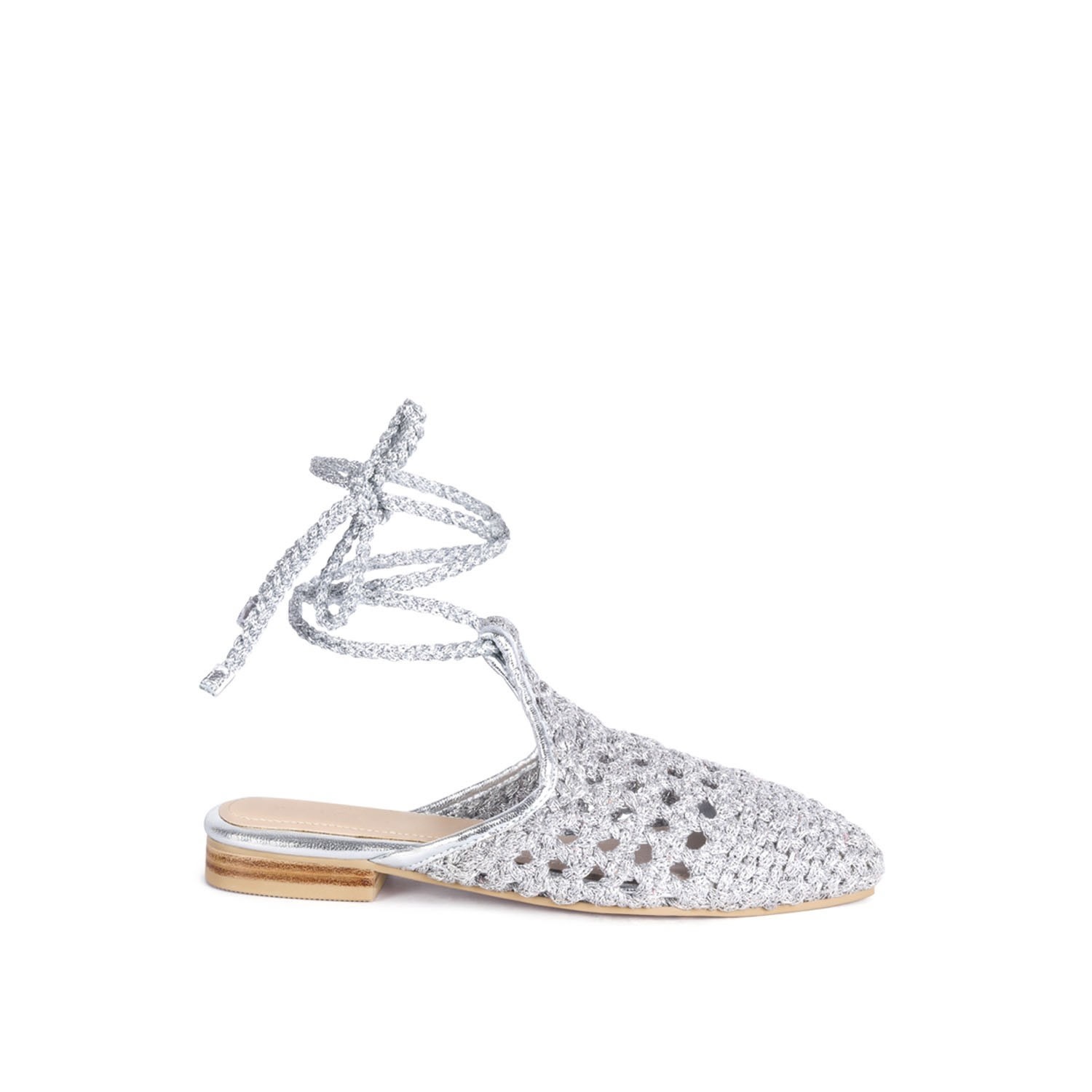 Rag & Co Women's Bartsi Silver Handwoven Tie Up Flat Mules By