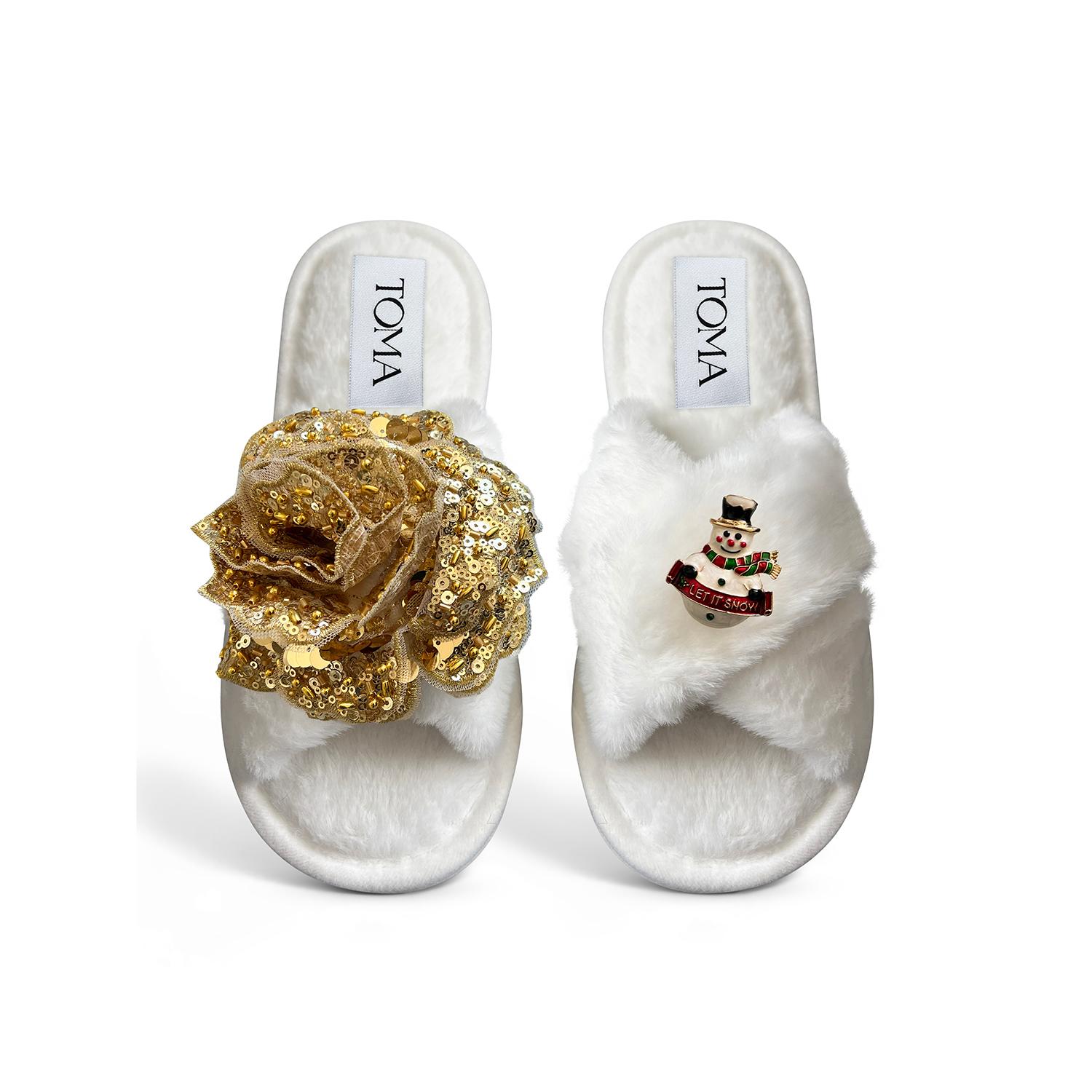 Toma Women's White Classic  Faux Fur Open Toe Gold Sequin Let It Snow Slippers